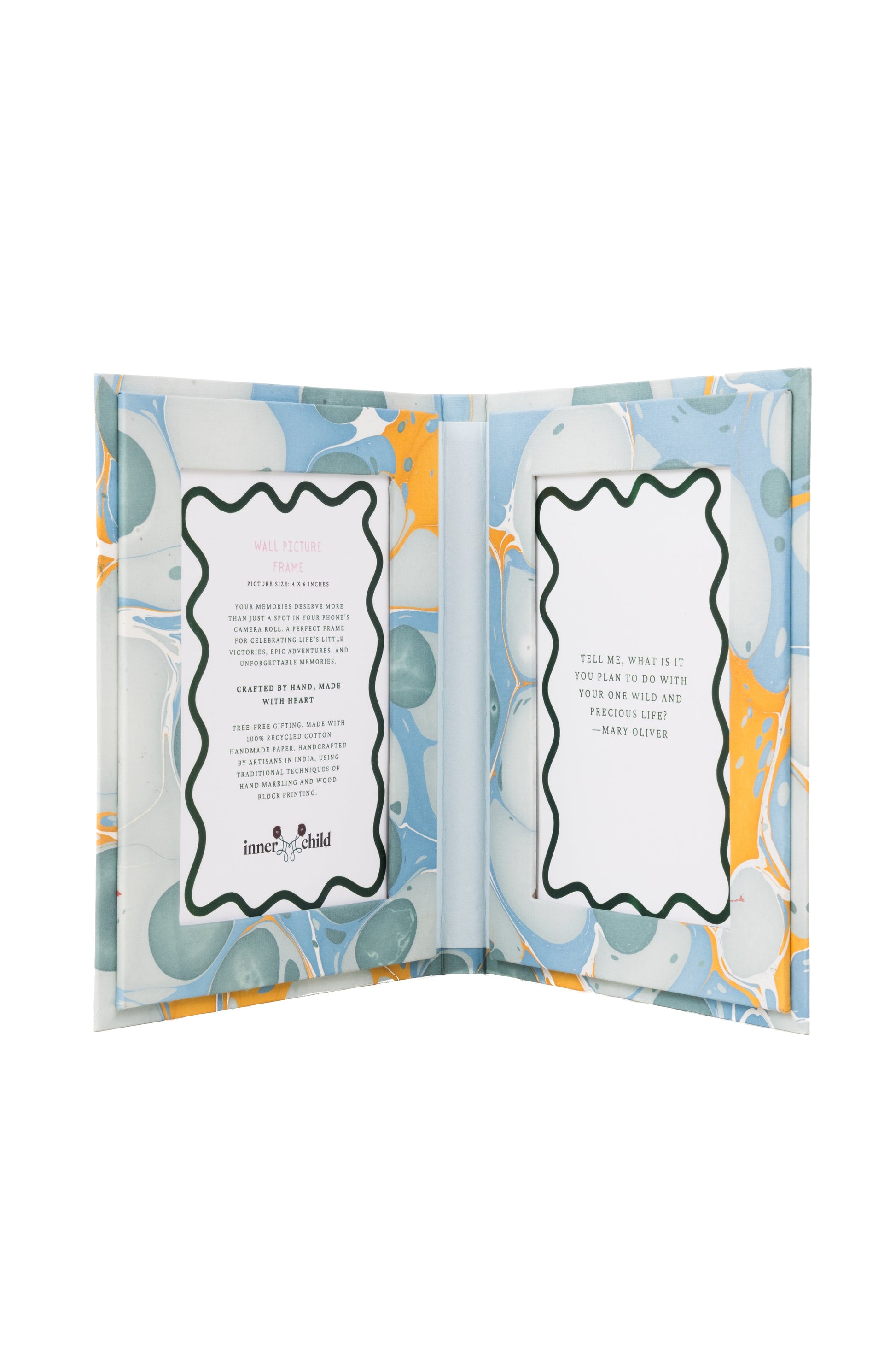 Inner Child hand marbled 4x6 folding photo frame grey blue orange