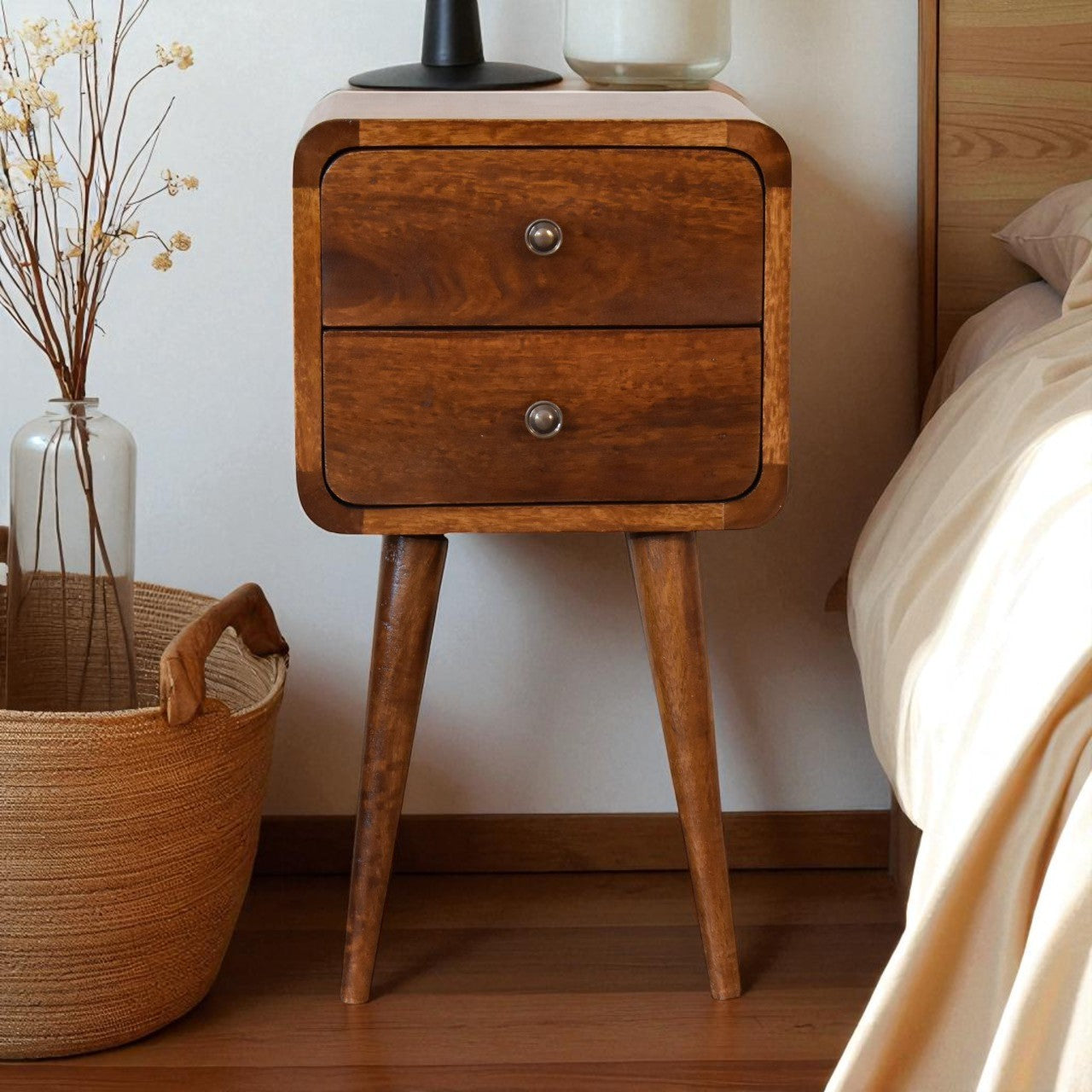 Solid Wood Mini Chestnut Curved nightstand, 2-Drawers, Brown