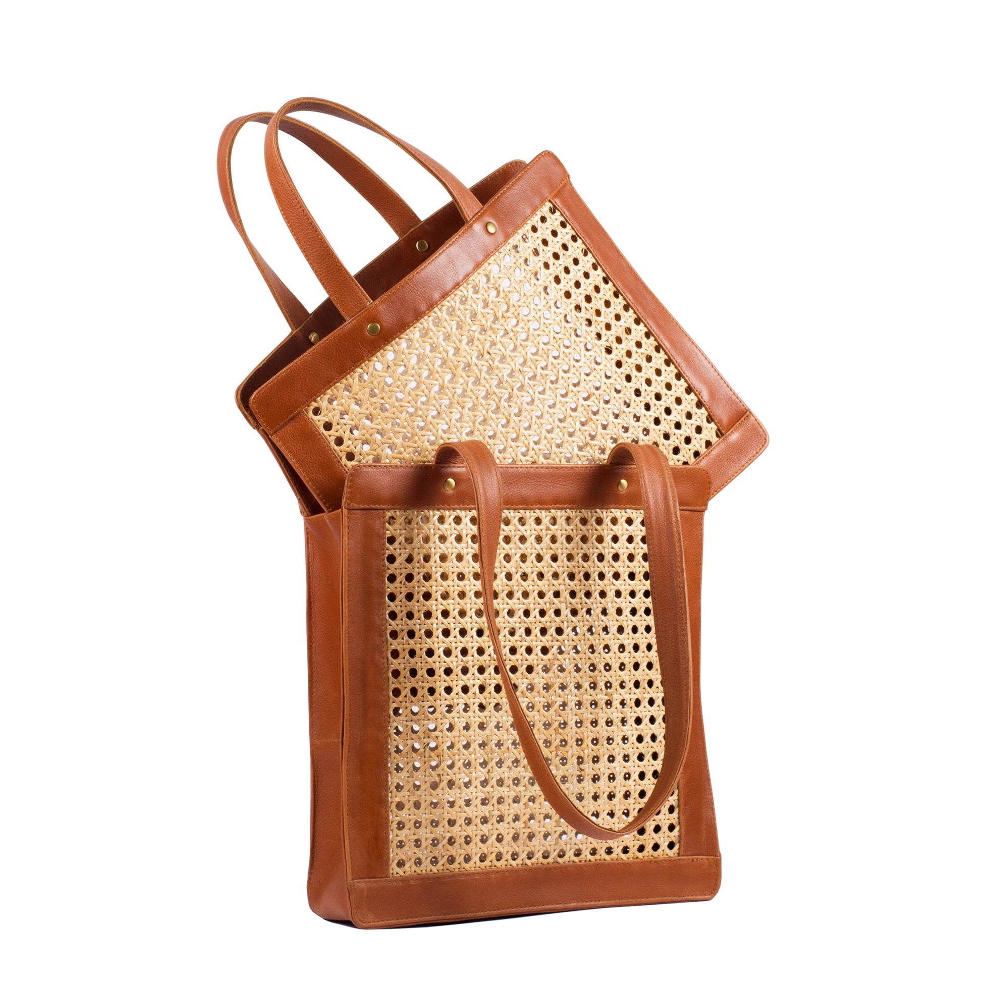 Cane Webbing Rattan Mesh Leather Trim Tote Shoulder Bag