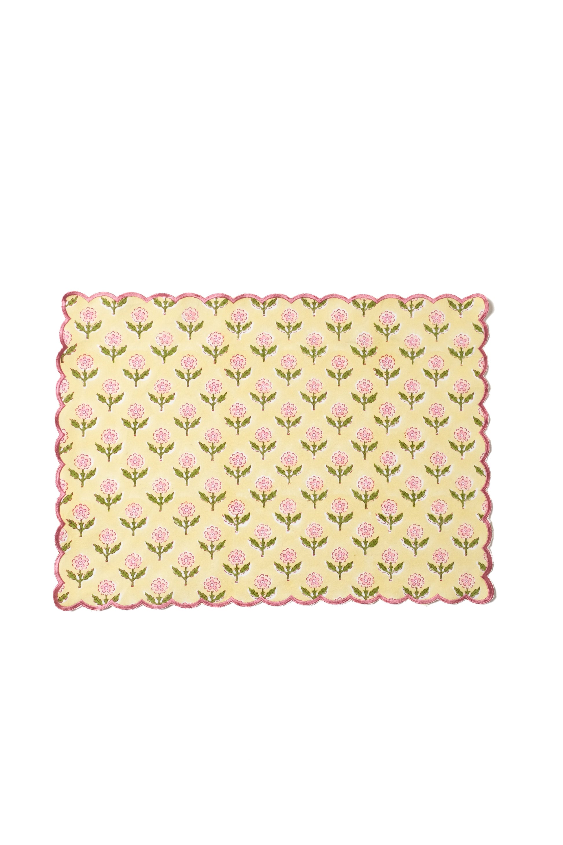 Inner Child butter yellow scallop-edged embroidered blockprint placemat
