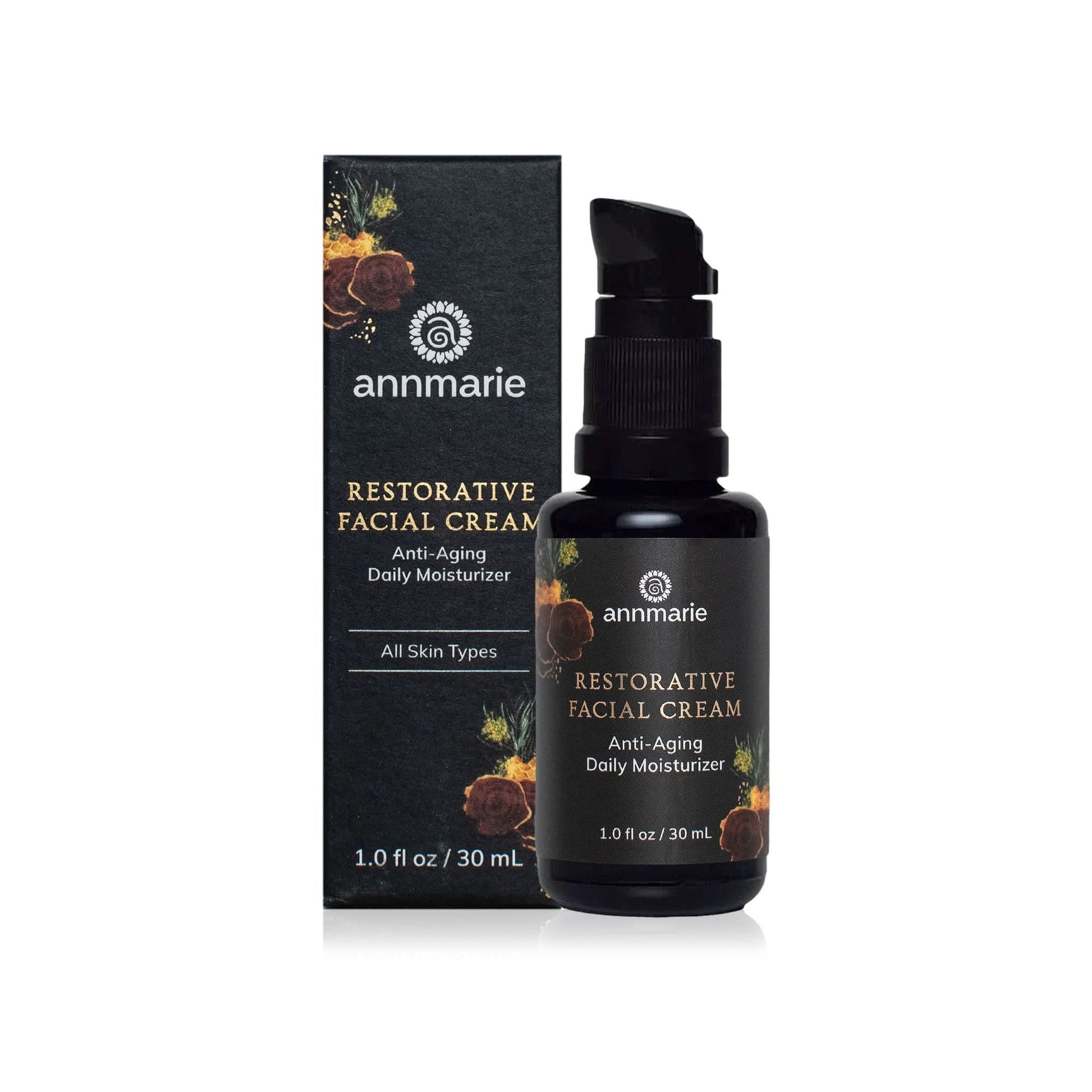Restorative Facial Cream anti-aging daily moisturizer bottle with matching product box on a clean background.