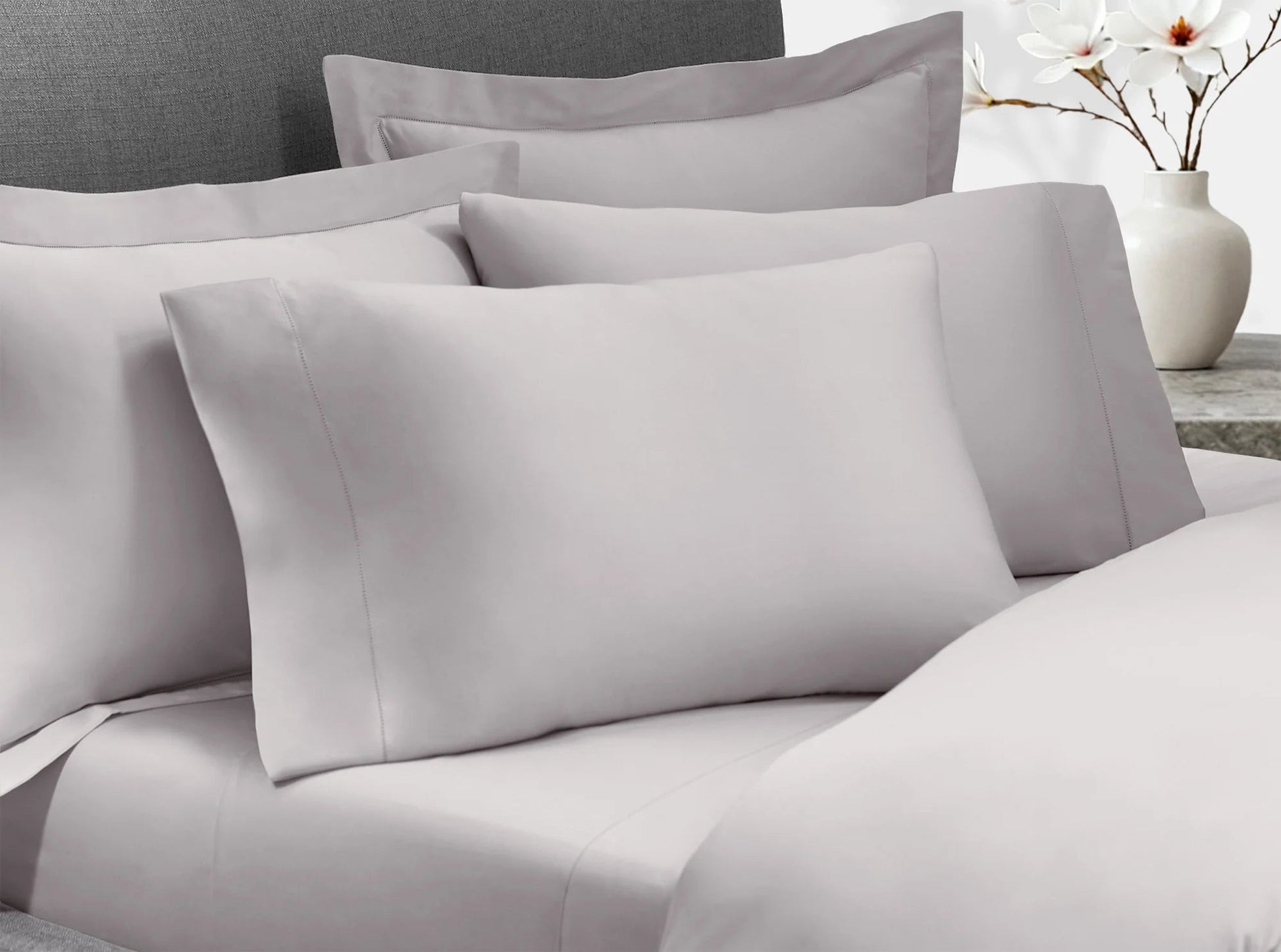 Quiet gray organic cotton sateen sheets with hemstitched pillowcases - elegant bedroom styling