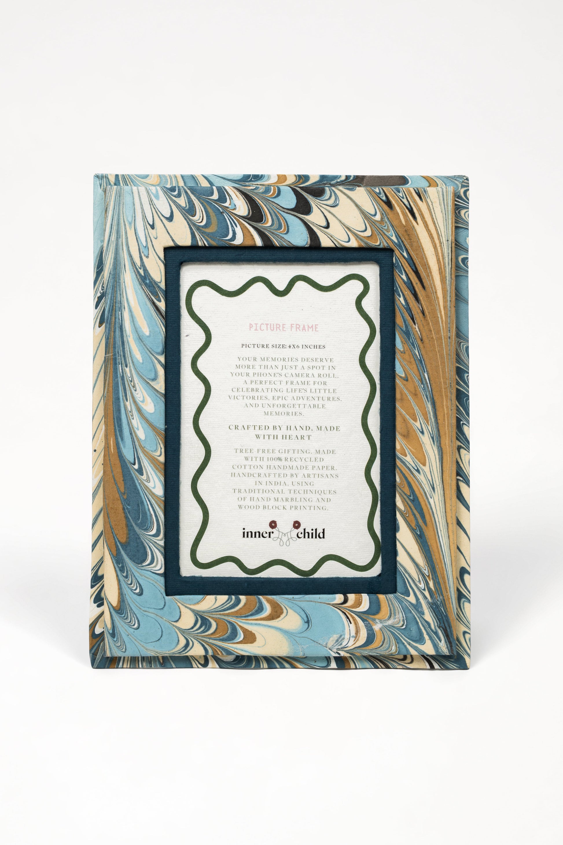 Nila feathers hand-marbled 4x6 picture frame with dark teal border by Inner Child