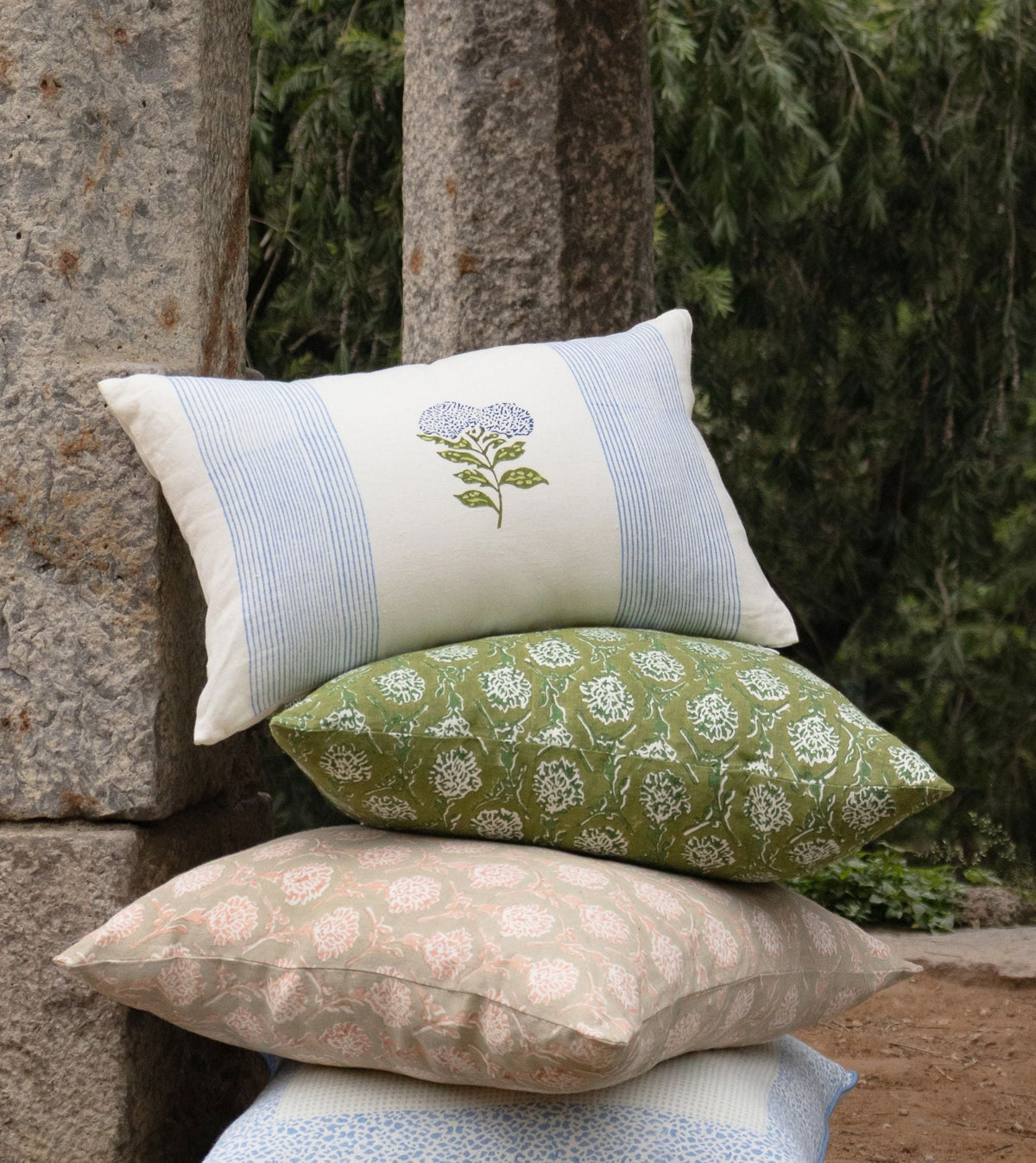 Vera Floral Lumbar Linen Pillow Cover - Pastel Blue