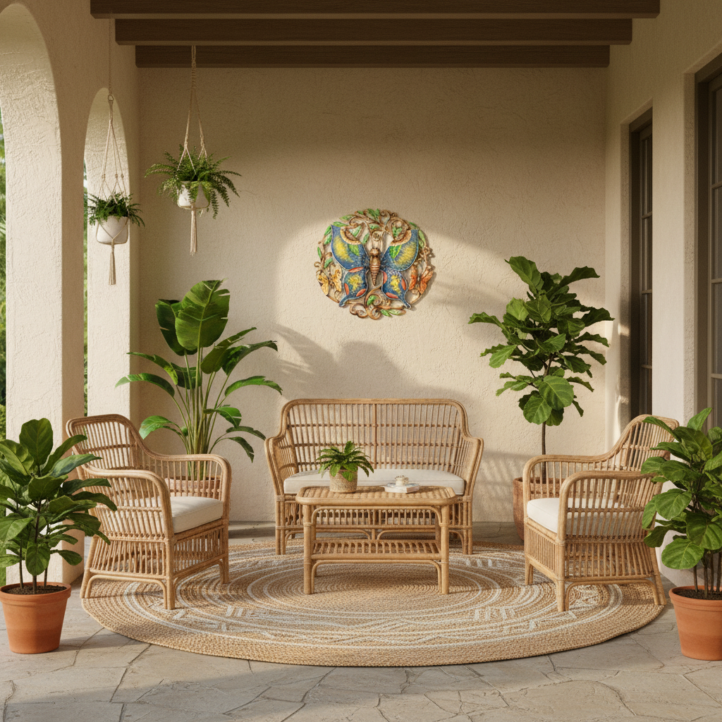 Painted Butterfly Queen on covered patio with rattan furniture and tropical plants