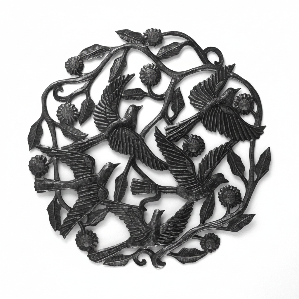 Birds in Flock handcrafted Haitian steel metal art on white background