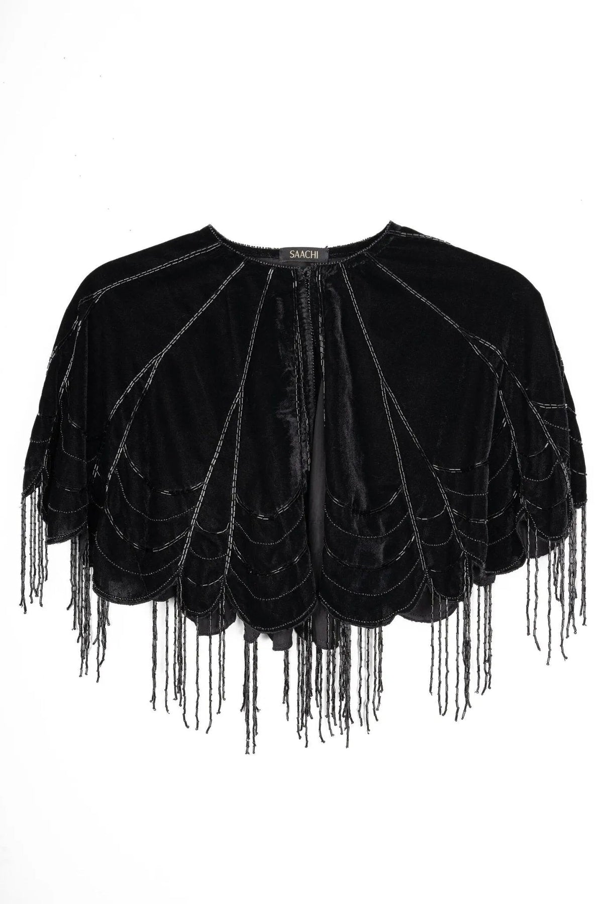 Scallops Embellished Velvet Capelet - Black