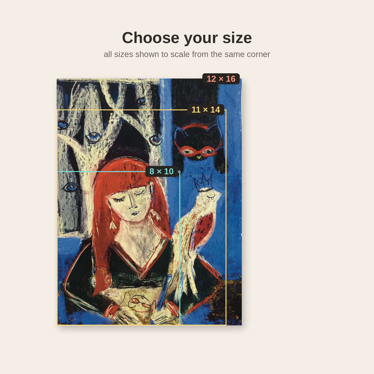Red-haired girl with cat and bird night time art print, choose your size overlay