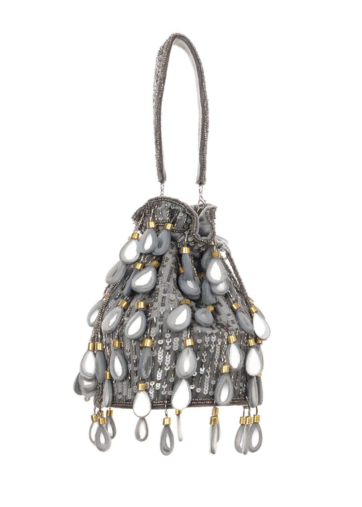 Keisha Drawstring Bag | Handmade Beaded Evening Bucket Bag in Champagne Grey