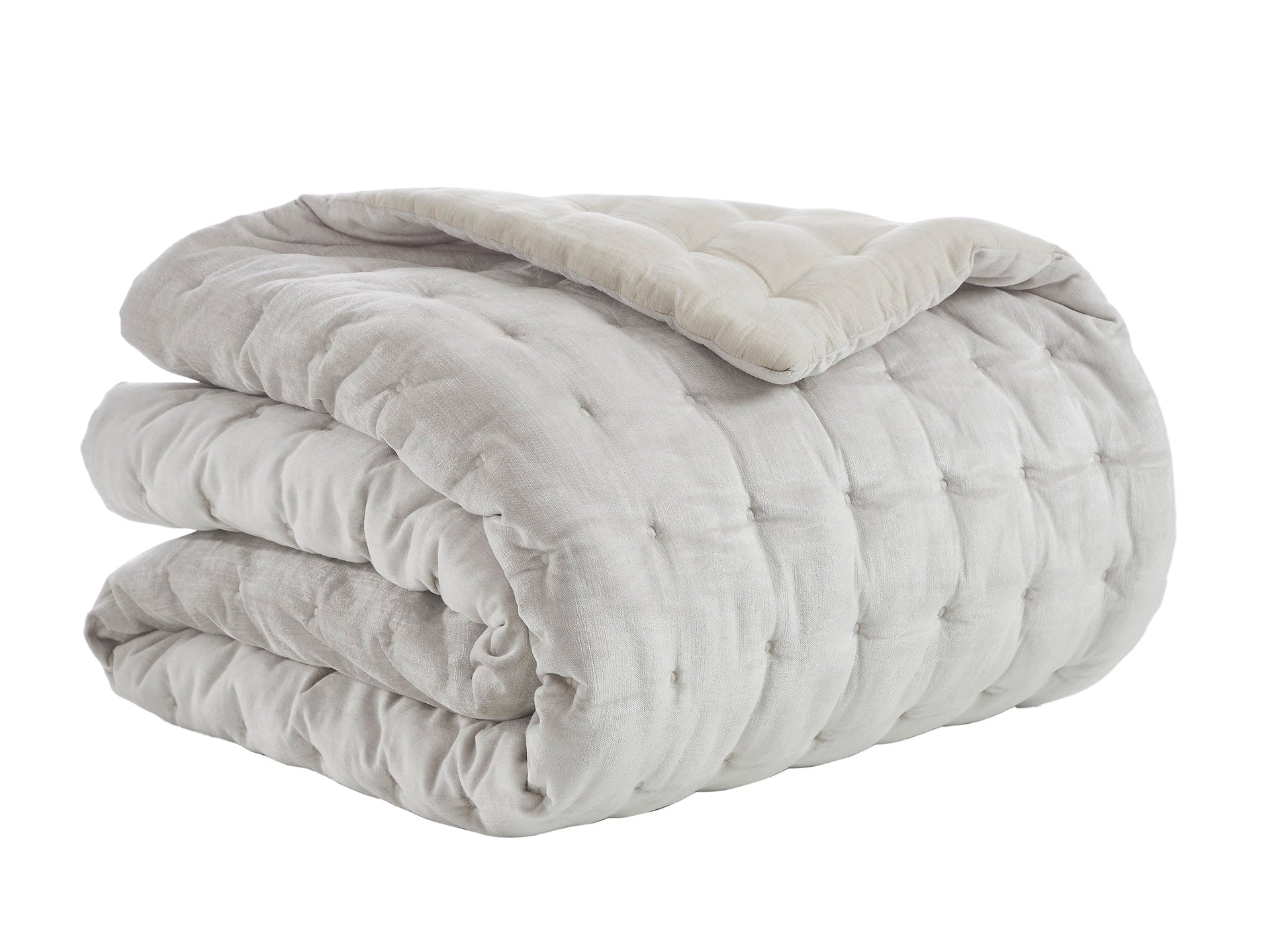 QT-306-9496_4|Reversible light grey and beige tufted quilt, folded, showcasing square quilting. Versatile, cozy bedding for a comfortable bedroom.