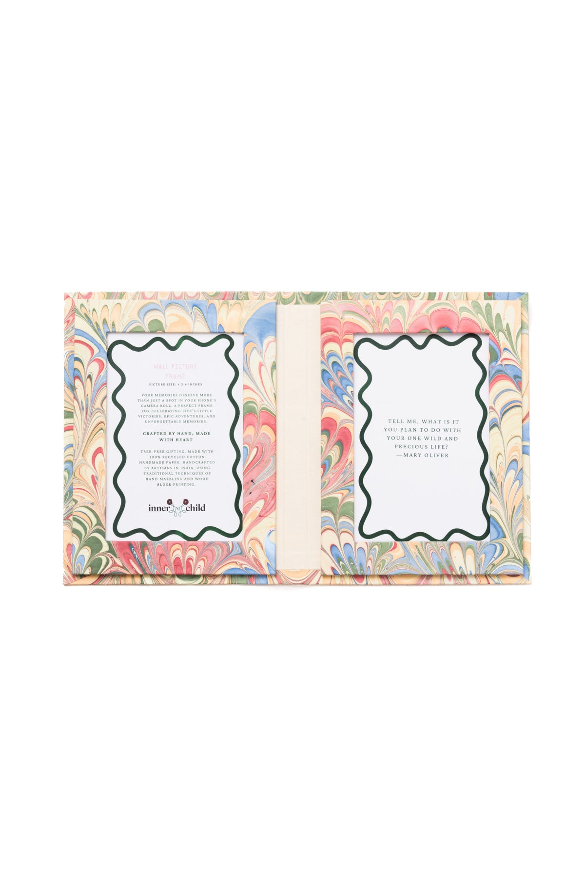 Hand marbled multicolor double frame folding book, Inner Child design