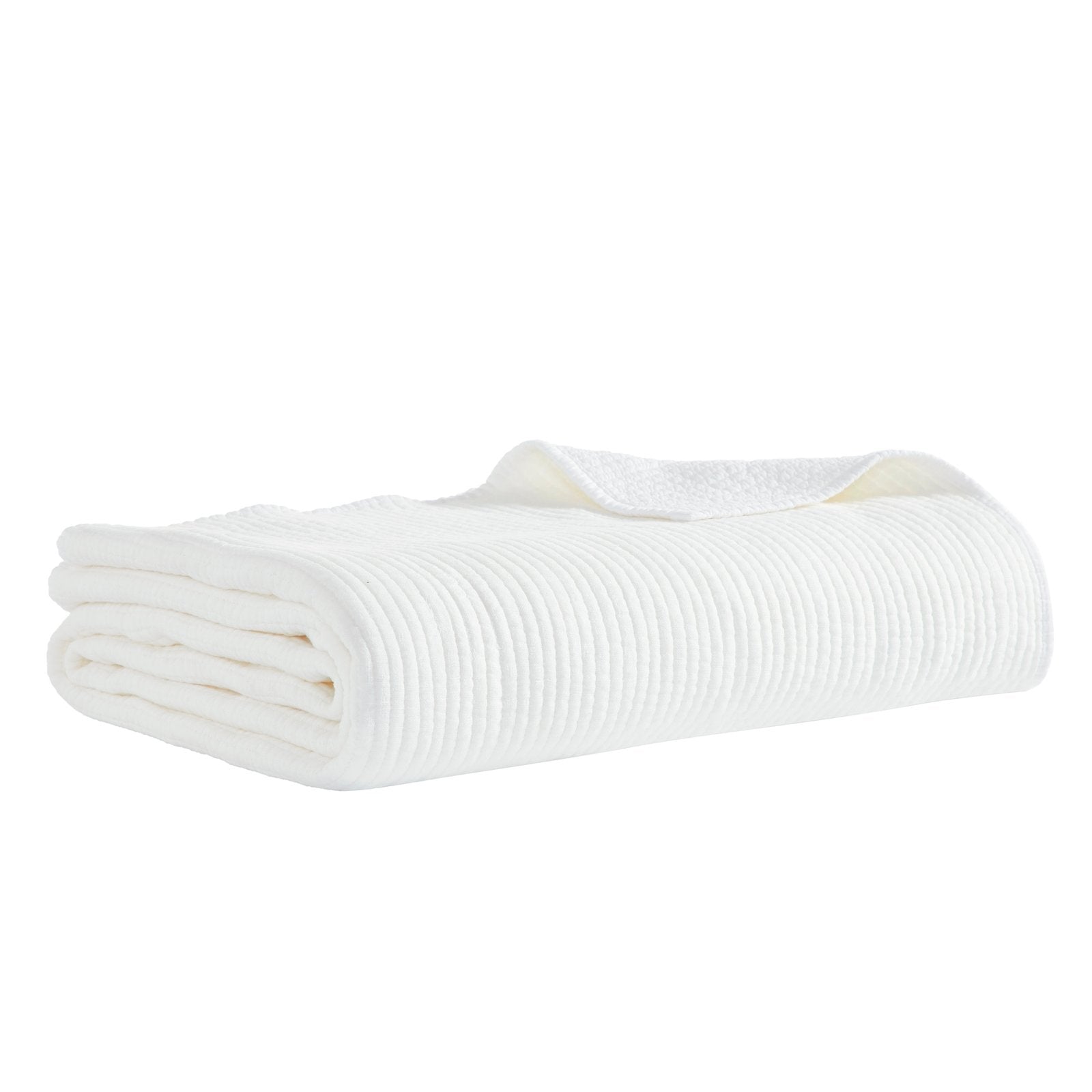 CL-196-9496_2|Softly draped and neatly folded white channel stitch quilted coverlet, ready to add elegant texture to any bed.