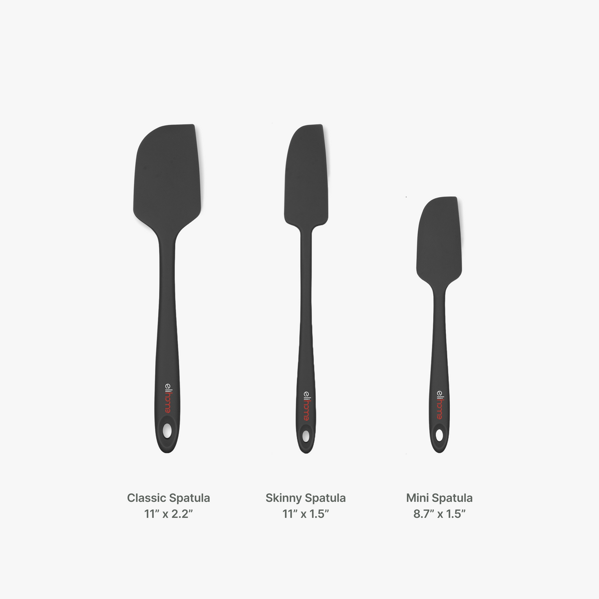 Elihome silicone spatula size comparison in Black, Classic 11 inches by 2.2 inches, Skinny 11 inches by 1.5 inches and Mini 8.7 inches by 1.5 inches