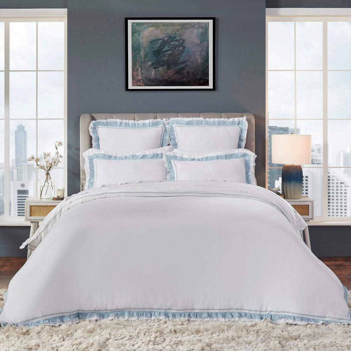 DT-028-X_1|Luxurious white bedding set with ruffled light blue trim on pillows & duvet. Elegant bedroom decor.