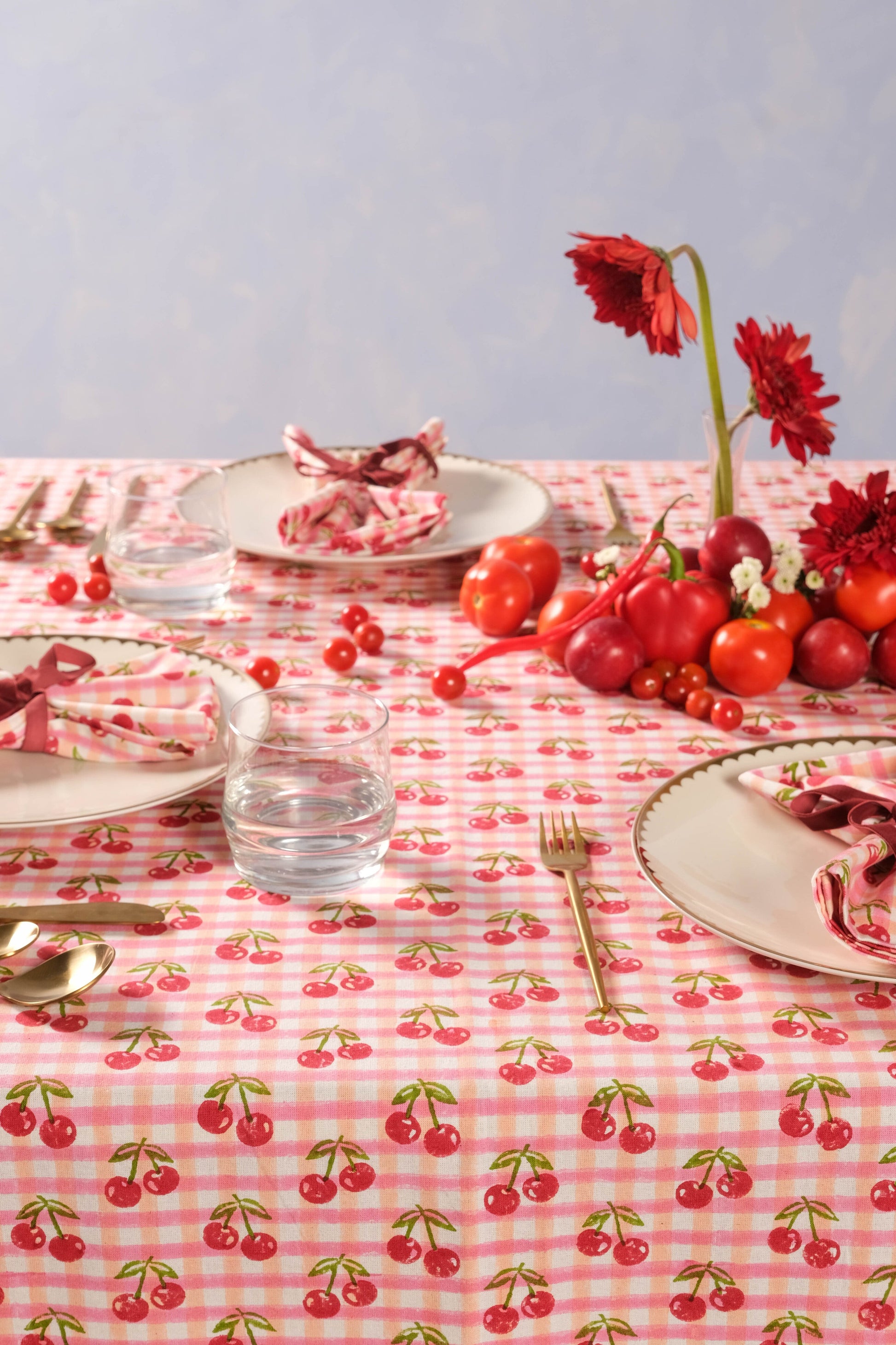 Inner Child cherry blockprint red gingham tablecloth with tied napkins