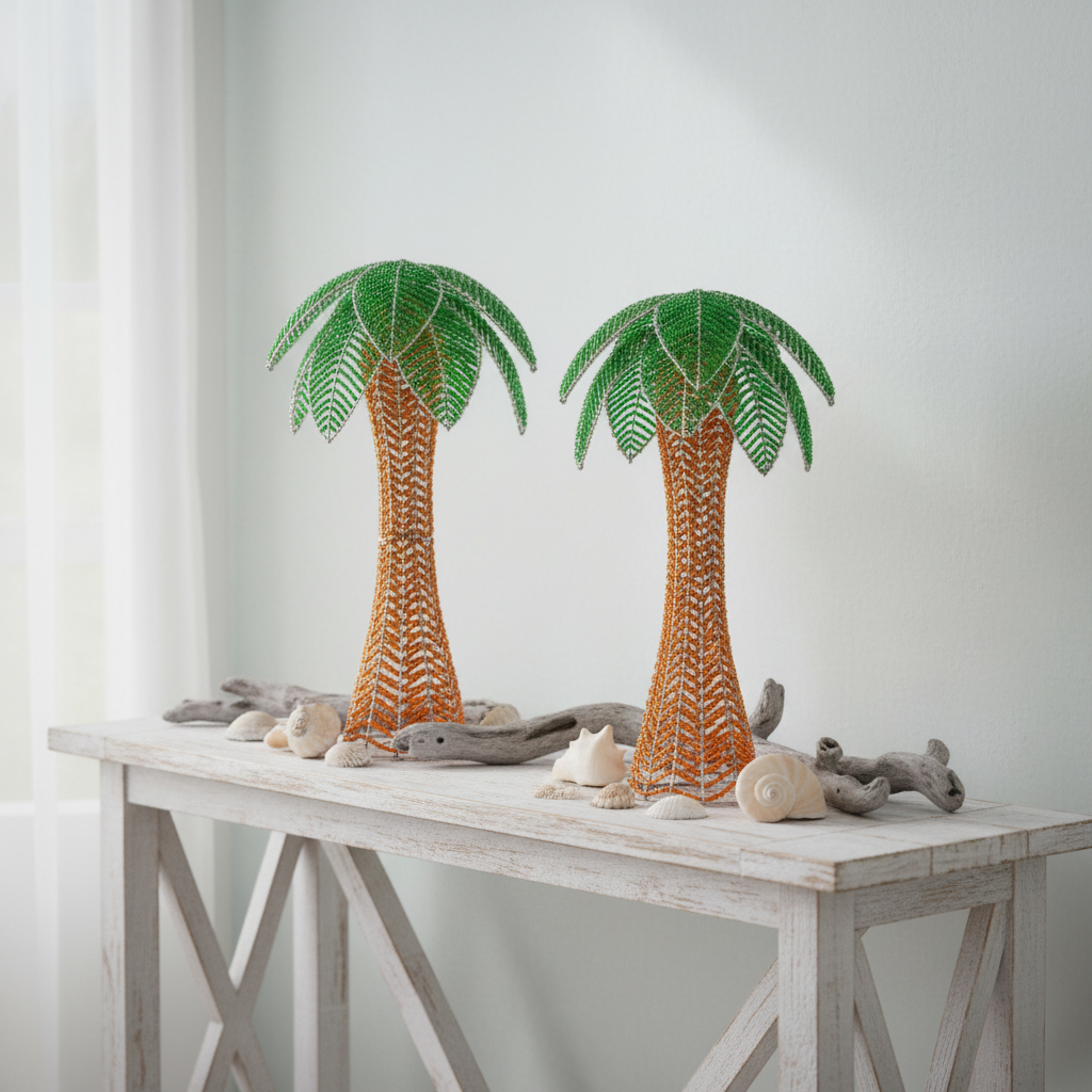 Set of 2 beaded palm tree sculptures on coastal shelf - 25PTRLS1