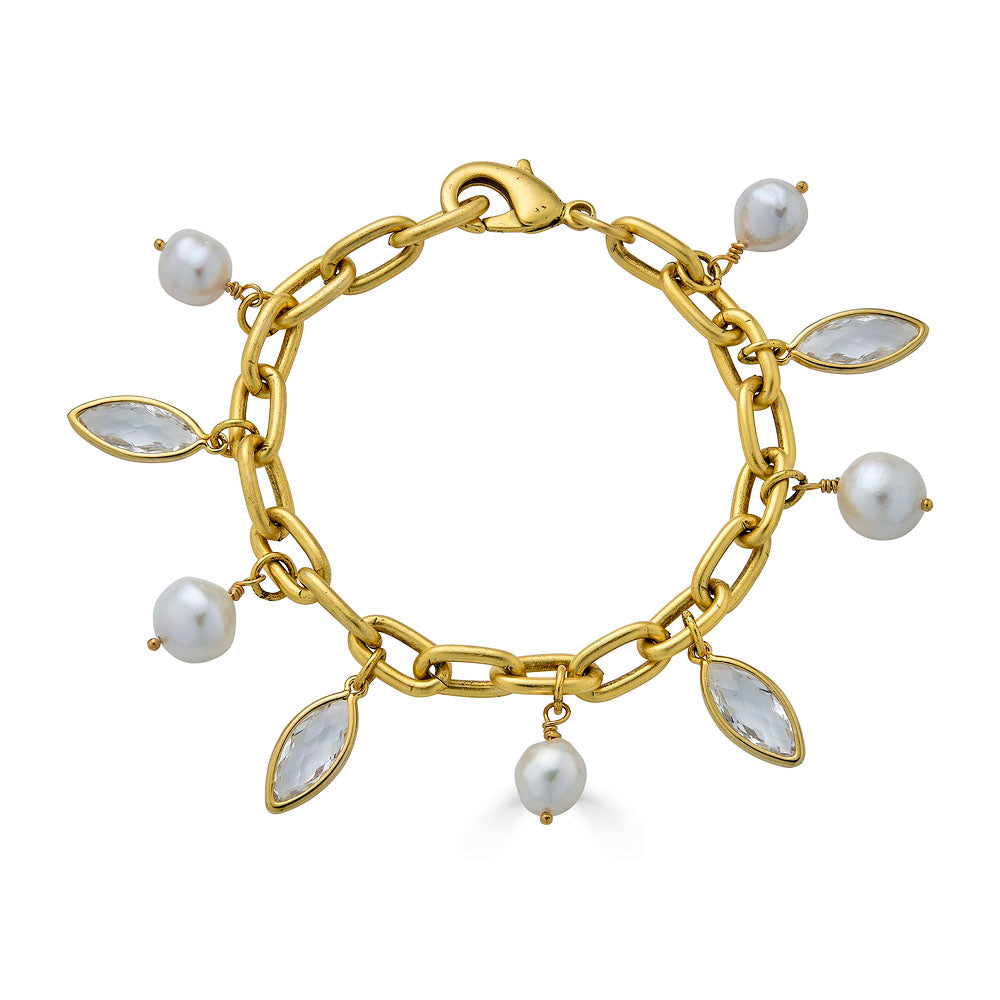 Gold chain bracelet with Edison pearl and marquise-cut crystal charms, alternating along a chunky link design