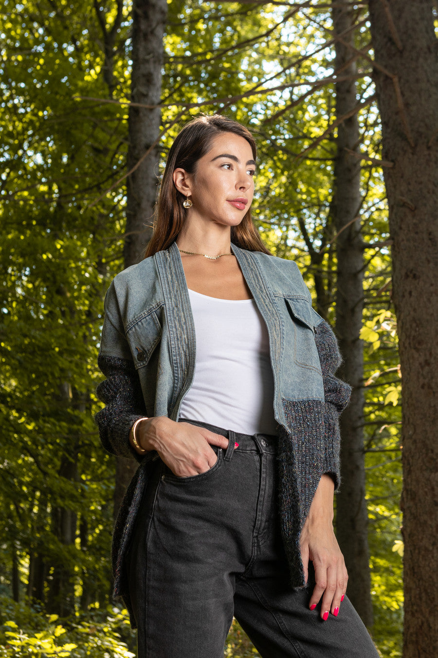 Denim and Grey Combo Jacket - Dim Gray