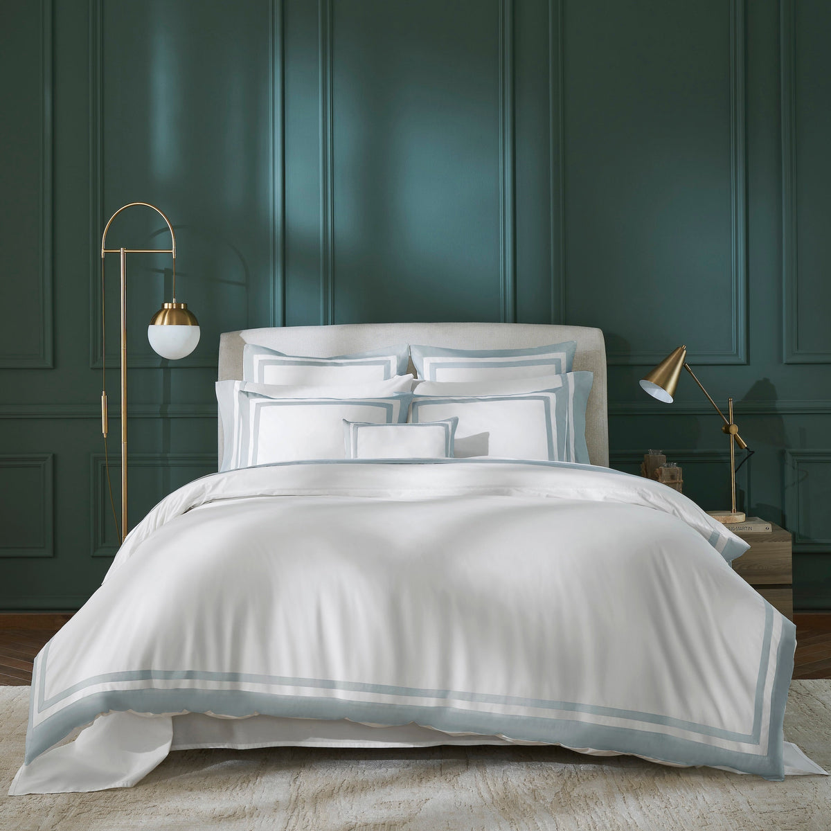 DT-061-9092_6|Elegant white duvet cover corner with a distinctive beige double stripe border, showcasing premium stitching and design details.