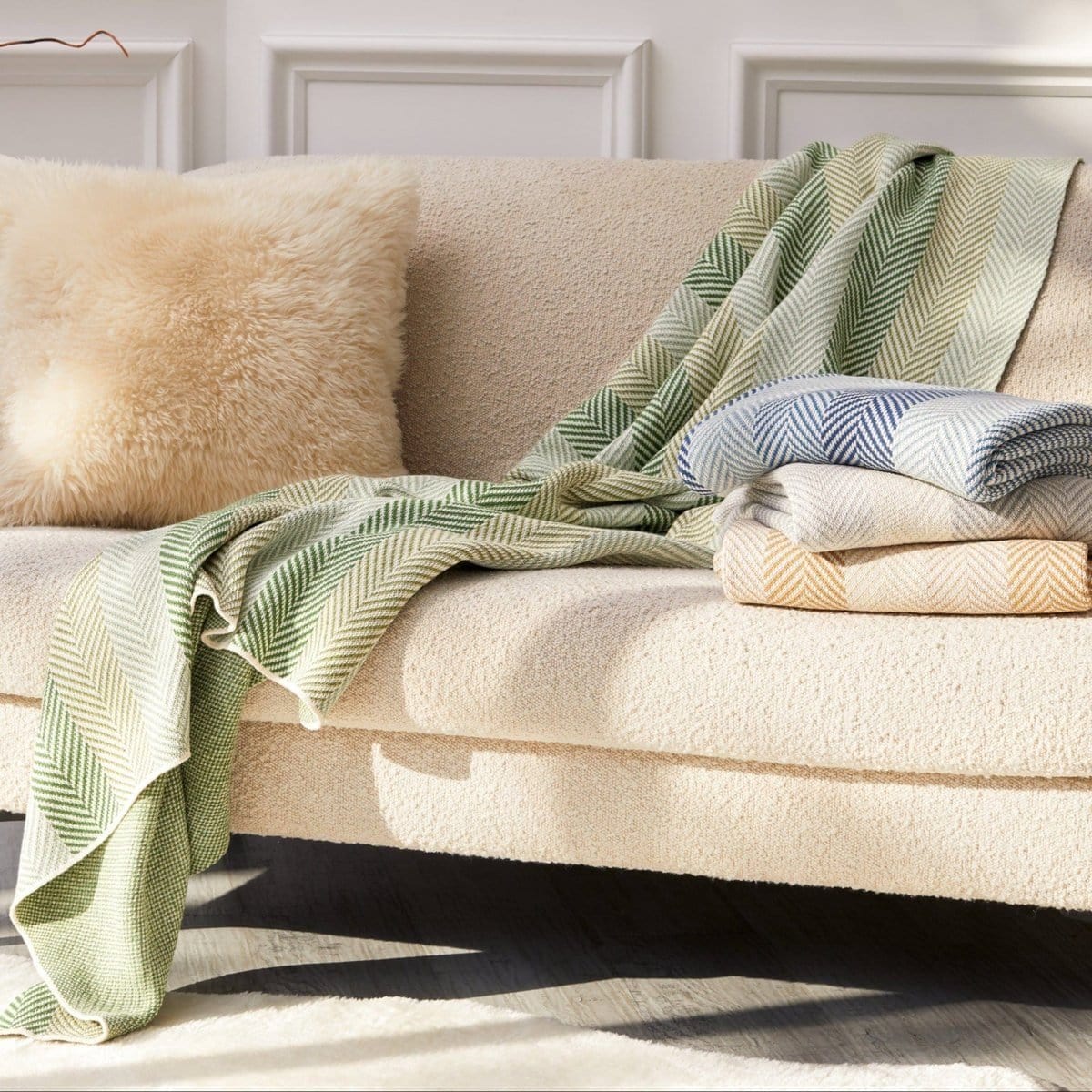In2Green Eco Throw Cotton Sustainable Knit Striped | Chevron Throw Blanket - Herringbone Hues