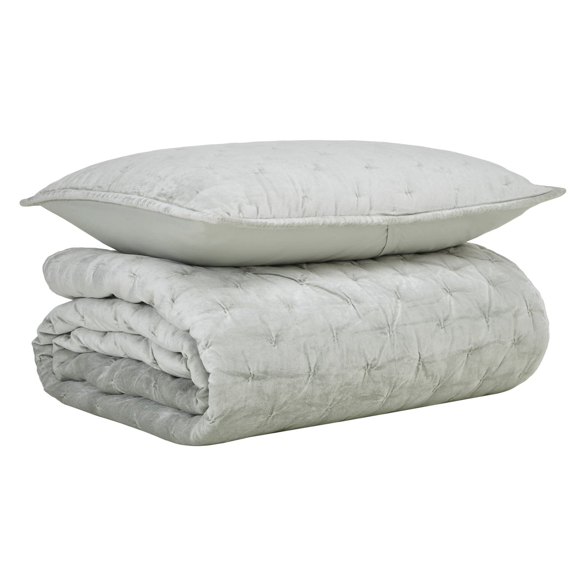 QT-371-9496_5|Neatly folded light grey velvet quilt with square tufting, accompanied by a matching pillow for complete bedding.