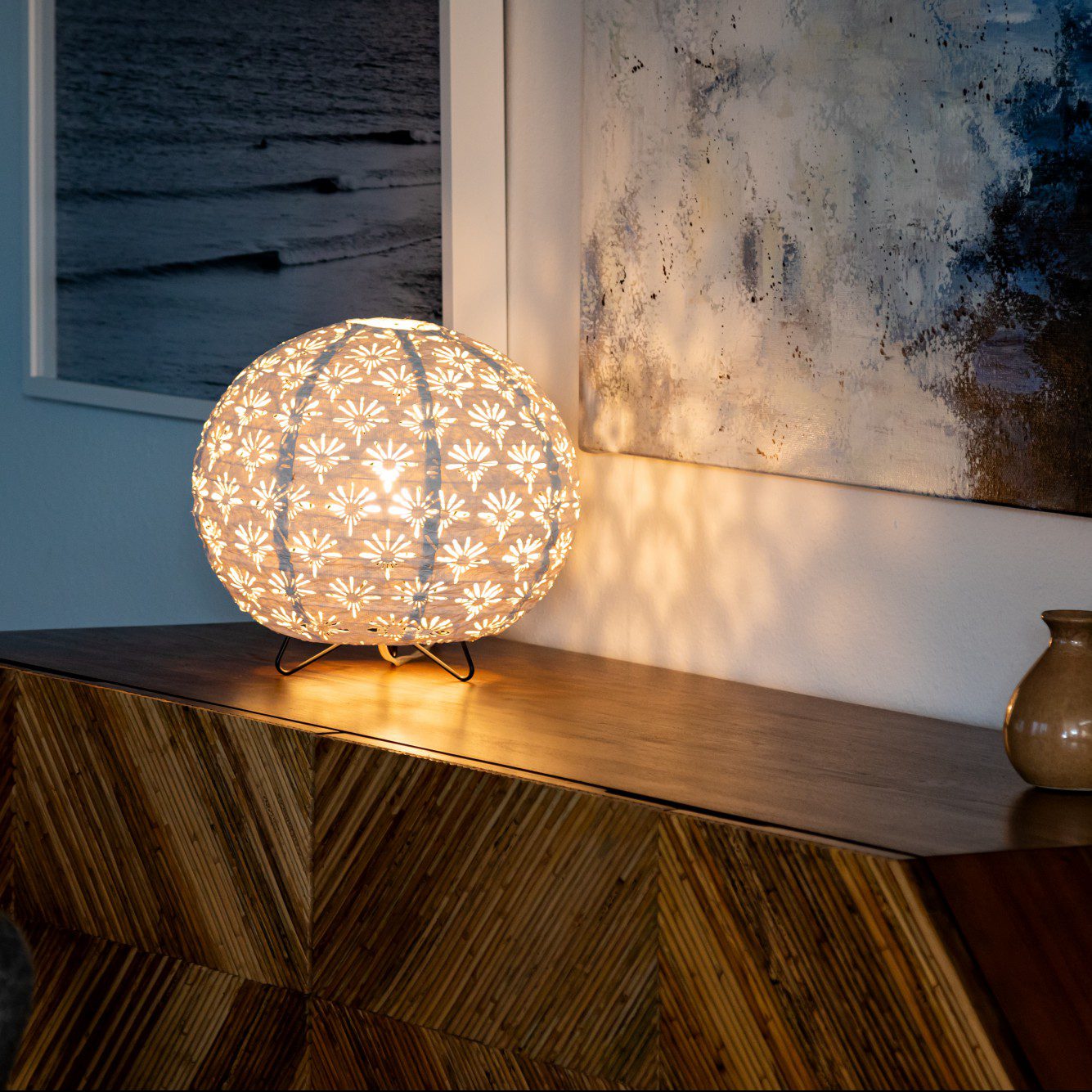 Soji Stella Solace Tyvek Indoor Table Lamp on credenza