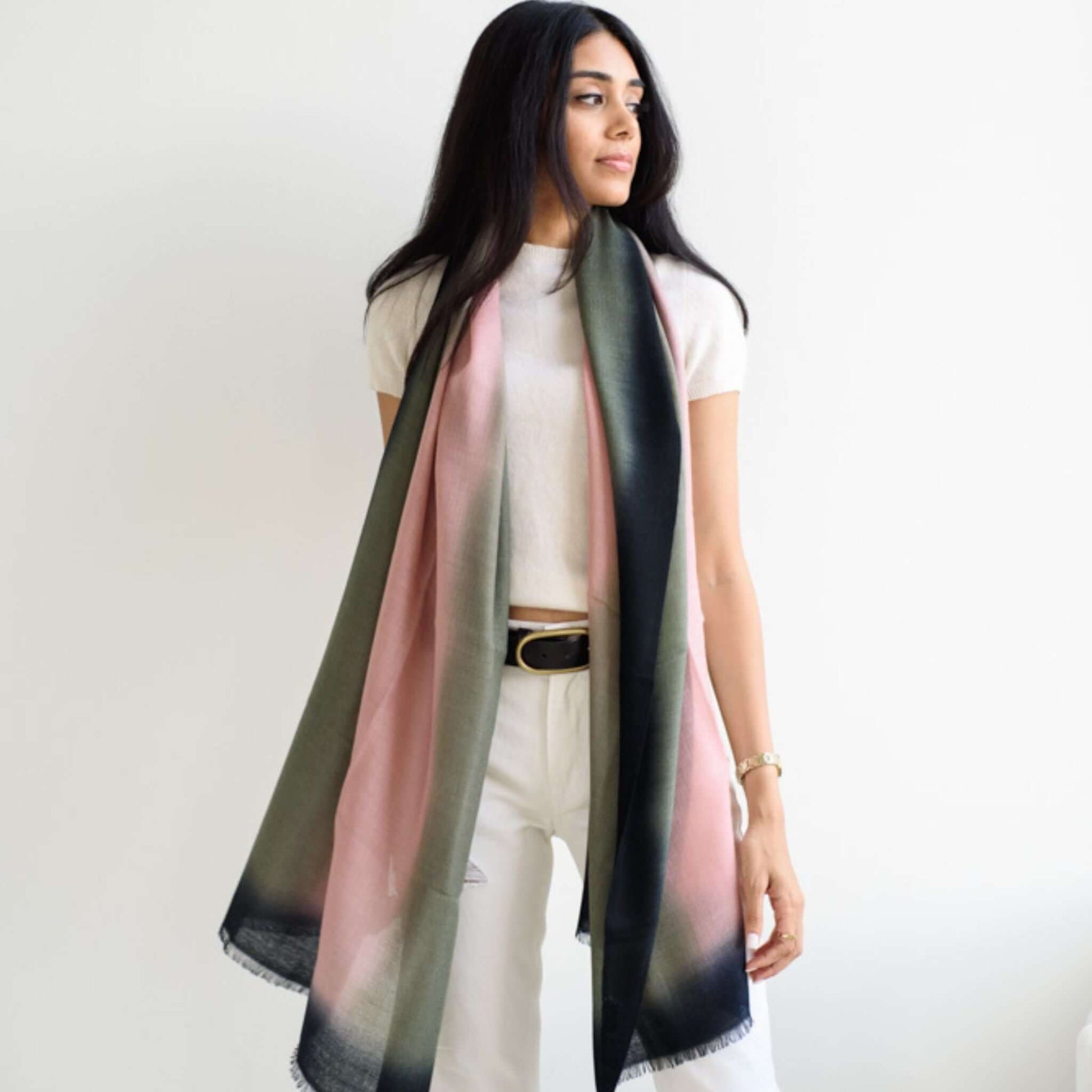 Iris Kiwi Green Pink Cashmere Merino Handwoven Scarf displayed by model, showcasing its unique colors and luxurious texture.