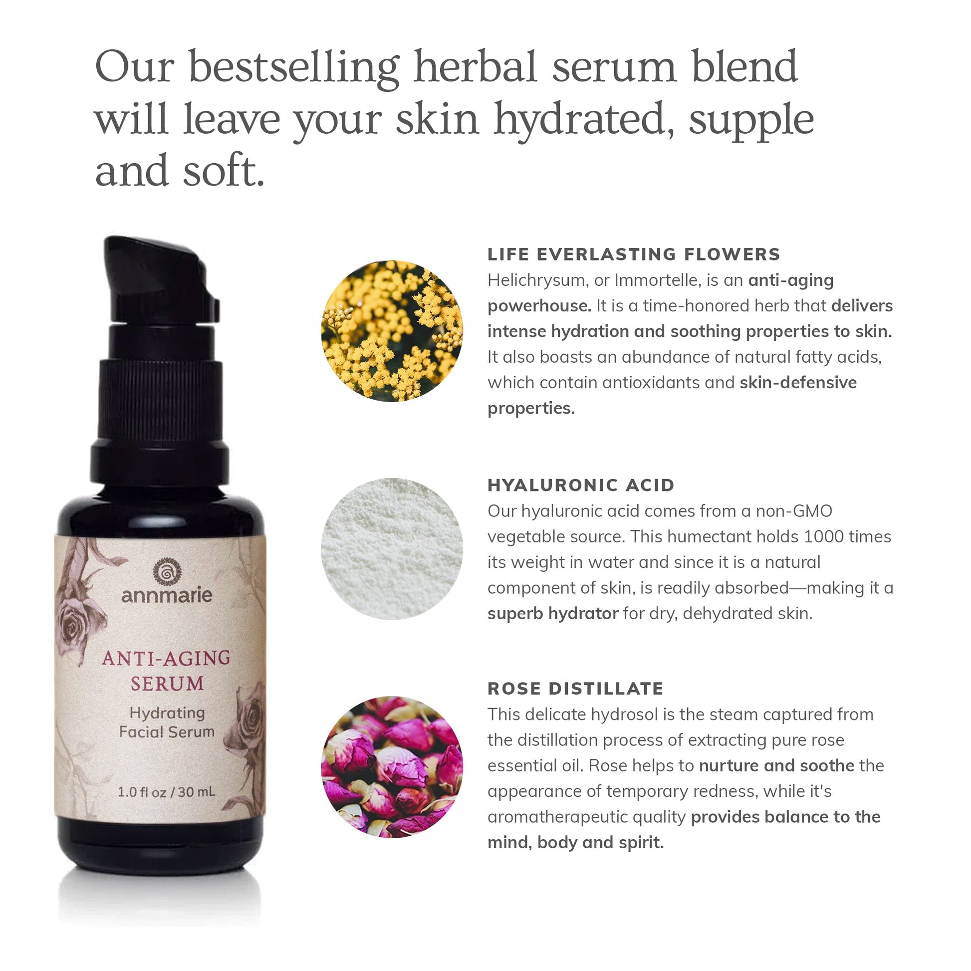 Annmarie Skin Care Anti-Aging Serum hydrating facial serum with hyaluronic acid, helichrysum, and rose distillate botanical ingredients for dry and aging skin.
