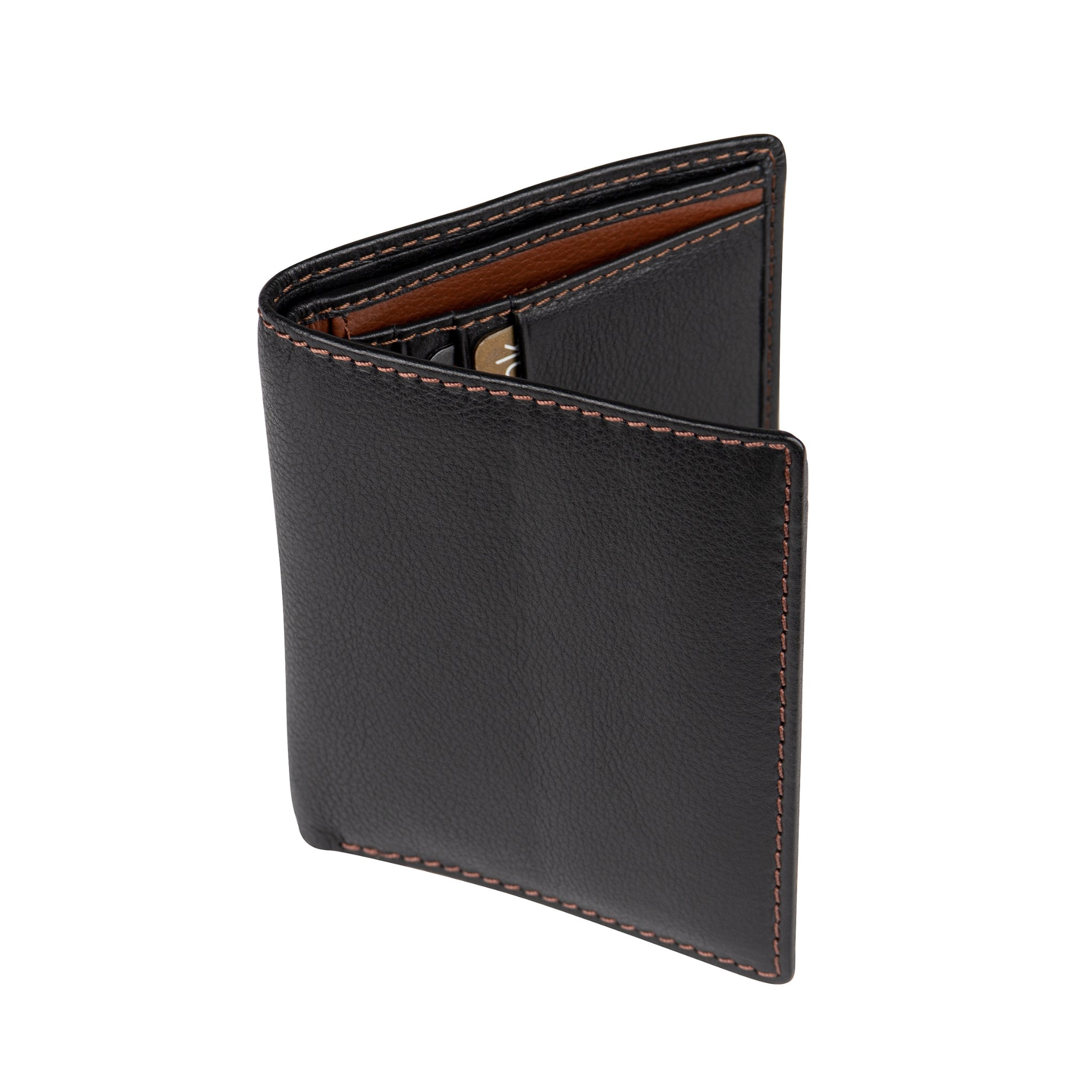 Black leather wallet vertical bi-fold 