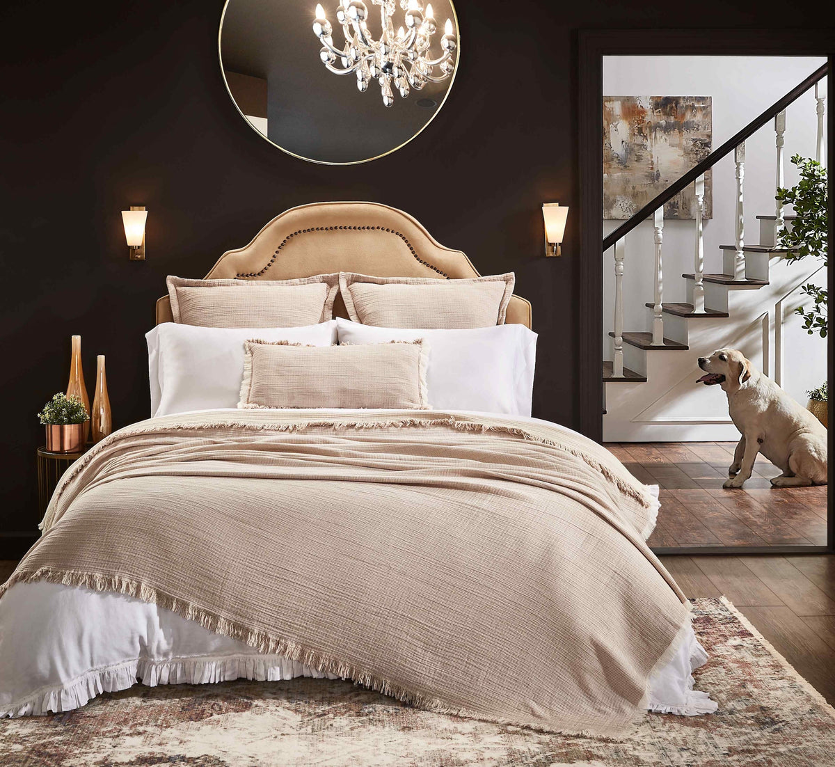 BT-112-9496_2|Elegant, textured light brown blanket with fringe detail covers a luxurious bed, enhancing bedroom comfort and style.