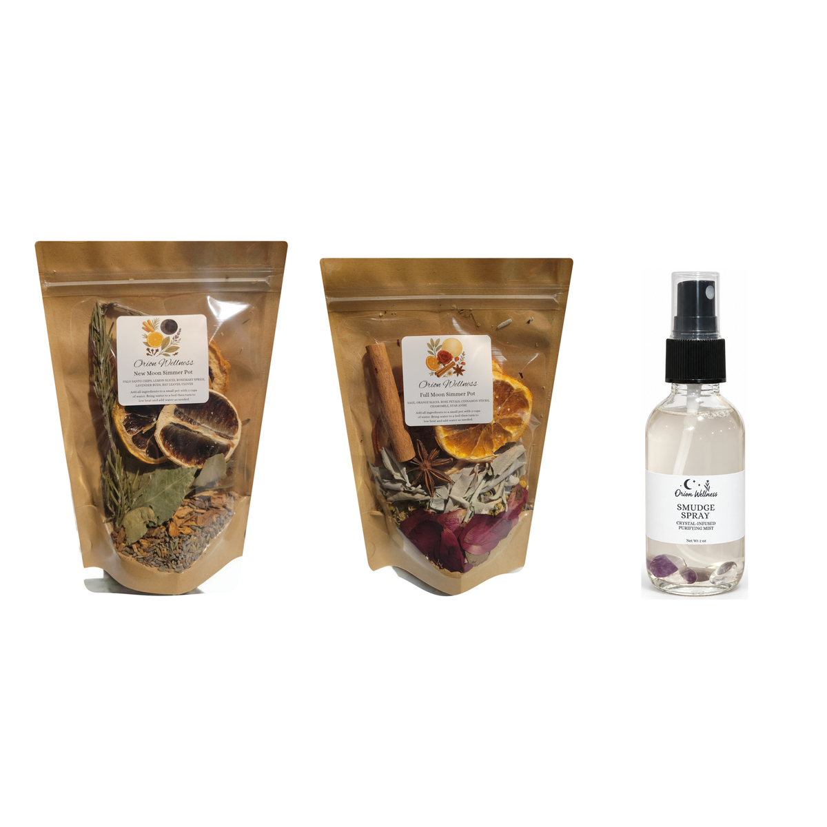 Moon Ritual Set with actual New Moon and Full Moon simmer pots and Smudge Spray on white