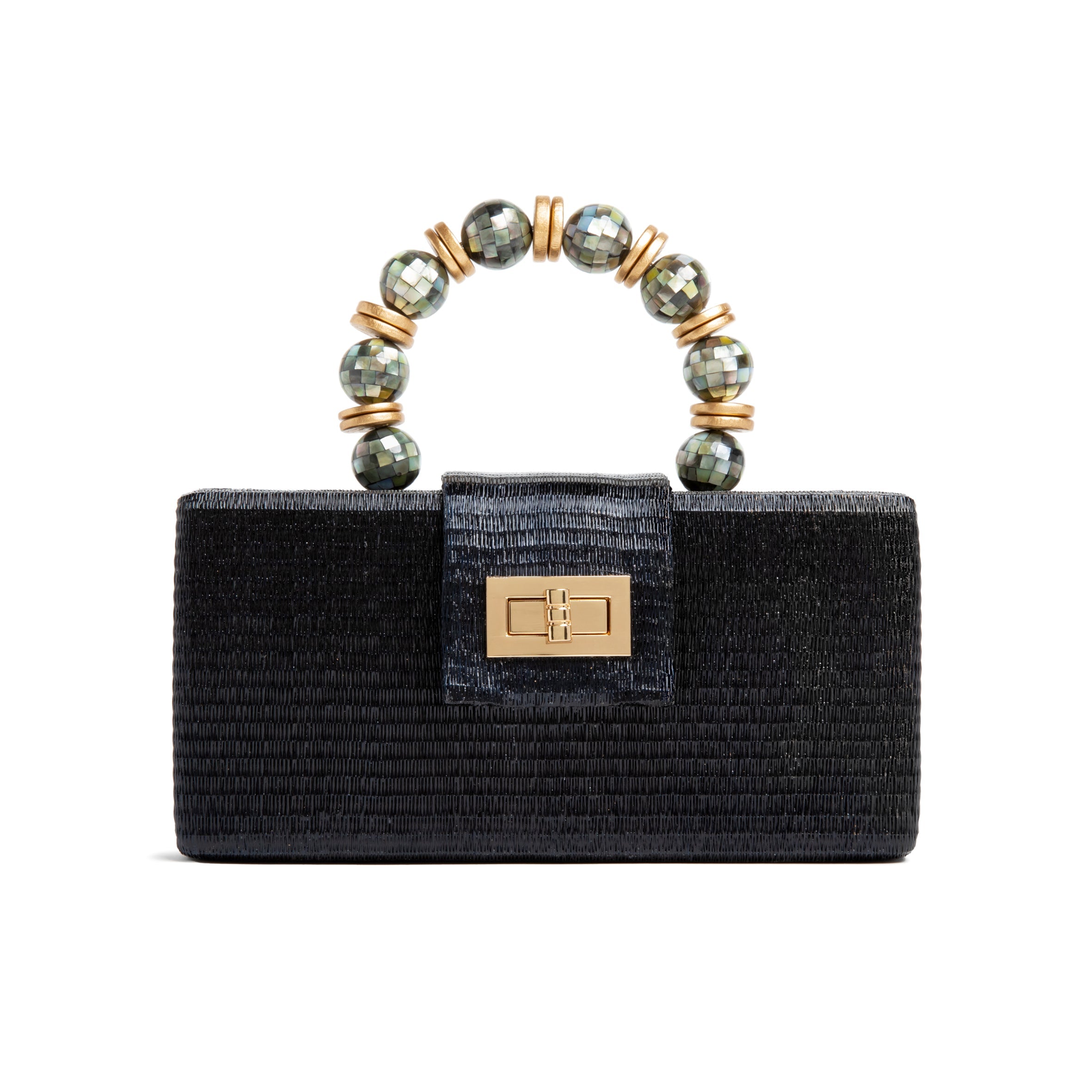 THE SERENA Black Clutch with Shell Inlay Bead Handle