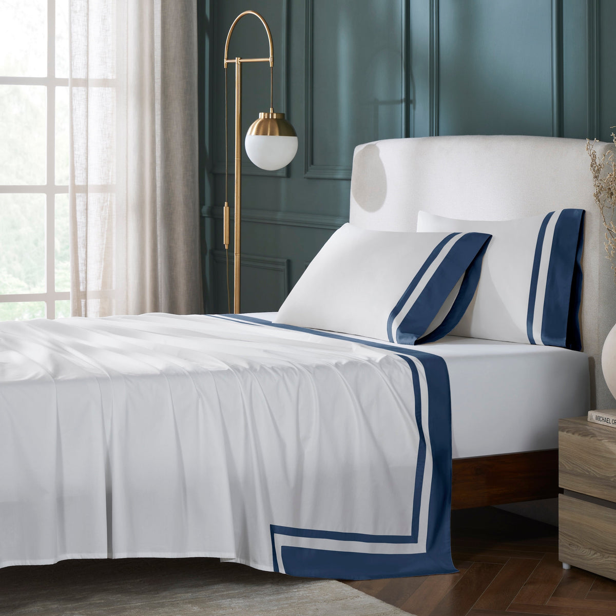 QFL-548-6080_1|Elegant white 100% cotton sheets set with striking navy blue and white striped border for a stylish modern bedroom.