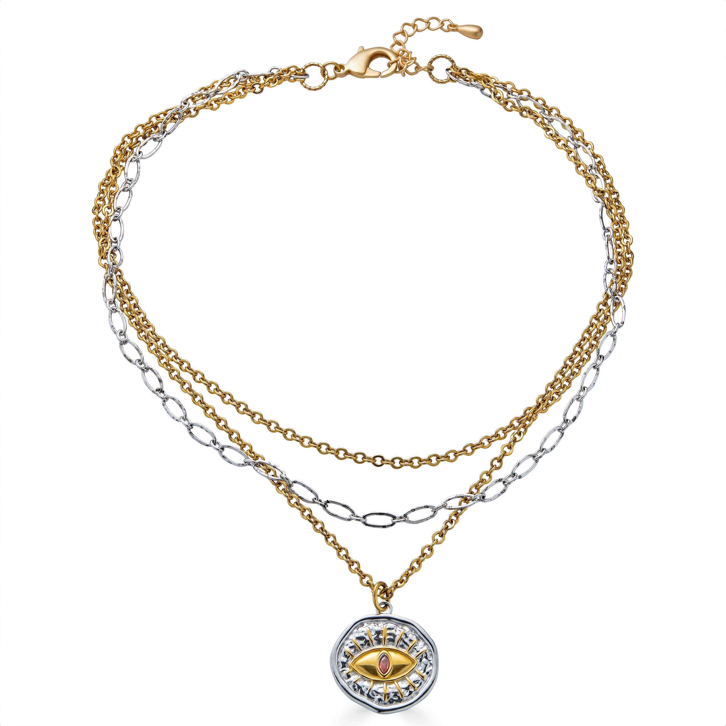Mixed metal layered necklace with gold and silver chains and an eye pendant featuring a pink center stone.