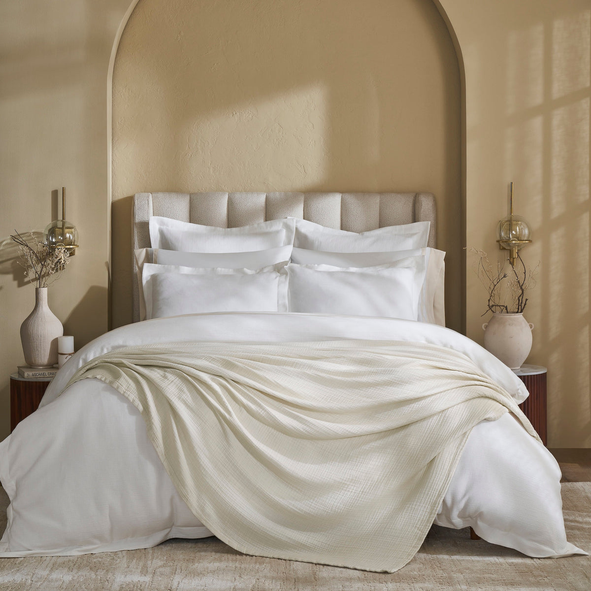 BL-862-9496_1|Luxurious light beige cotton blanket draped on a queen bed, offering breathable comfort and elegant texture. Ideal for layering.