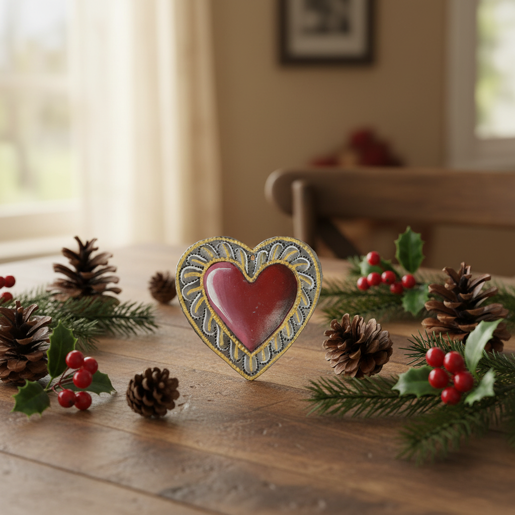 Red Painted Heart Ornament displayed on rustic wooden table with pine cones and holiday greenery