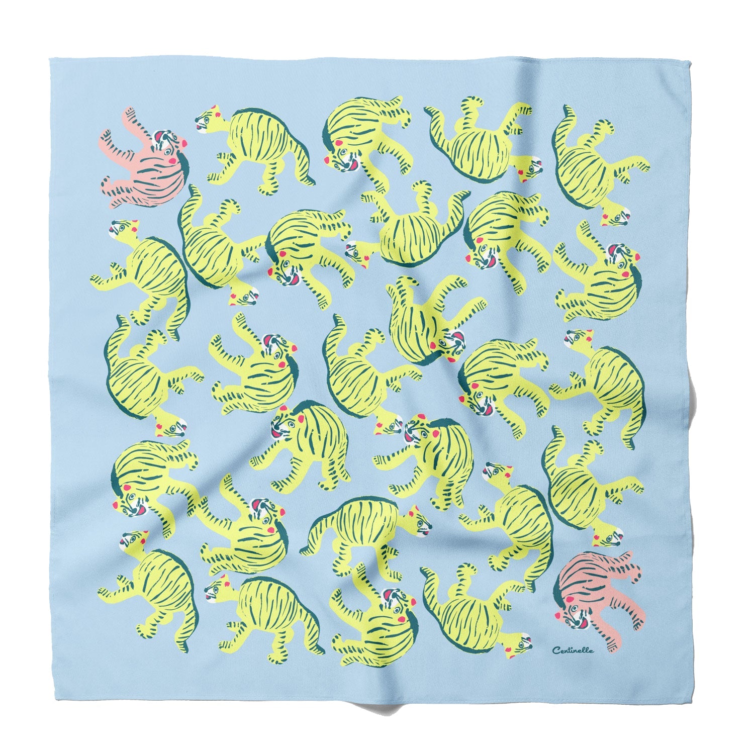 Nodding tigers cotton silk bandana on blue , pink and neon yellow for a fun look. Made of a luxurious cotton-silk blend with a precise machine-stitched hemming, perfect as head wraps or neckerchiefs, bandana hairstyles, bandana headband; bandana style is in and now. Ethically sourced.