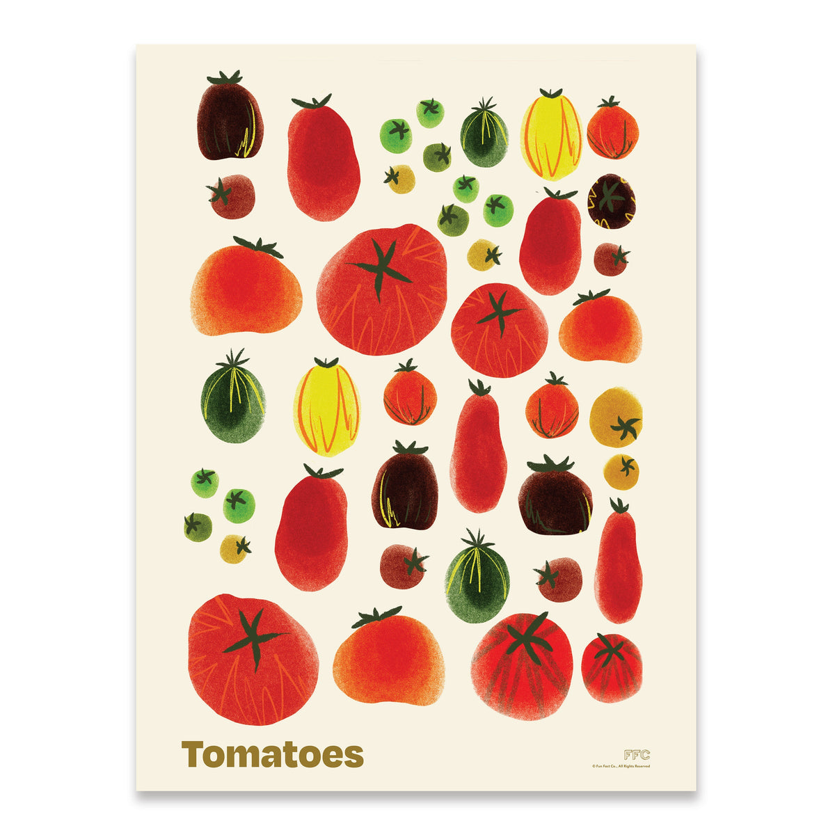 Poster with illustrations of tomatoes in various colors on a beige background