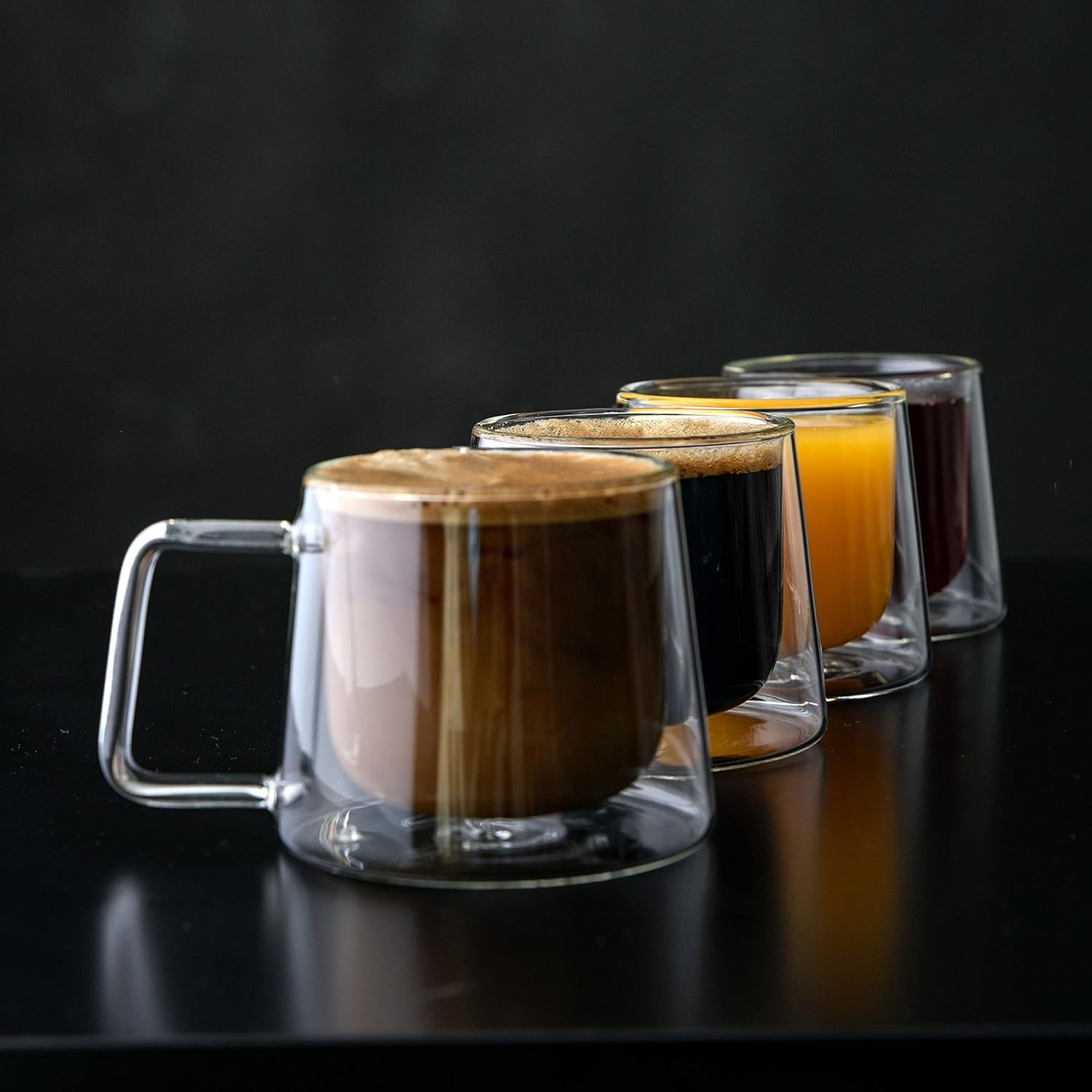 LEMONSODA Double Walled Glass Coffee Drink Mug with Handle - Set of 4 - 8.5oz - Lemonsoda