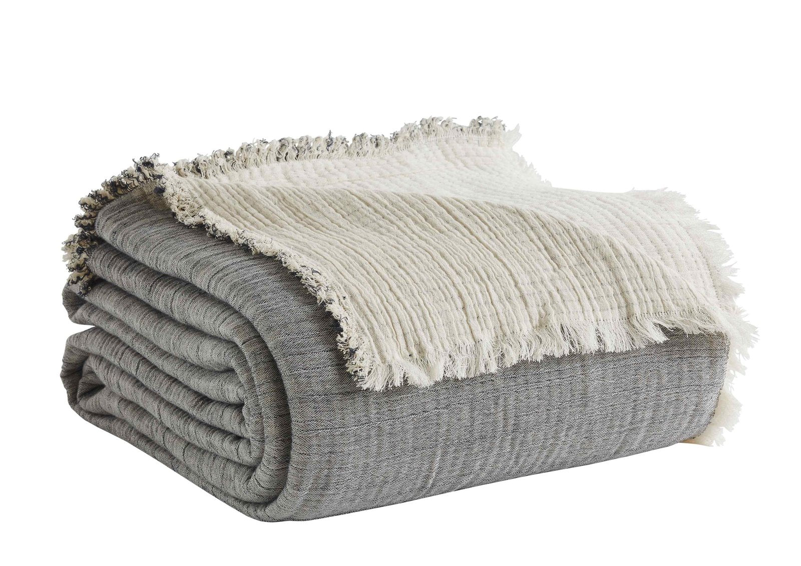 BT-104-9496_2|Stack of two cozy, reversible fringed blankets in gray and cream, perfect for adding warmth and style to home decor.
