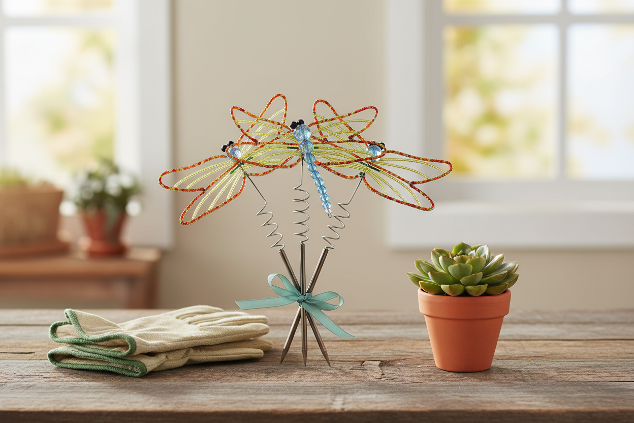 Dragonfly Garden Stake Set of 3 as a unique garden gift on rustic wooden table