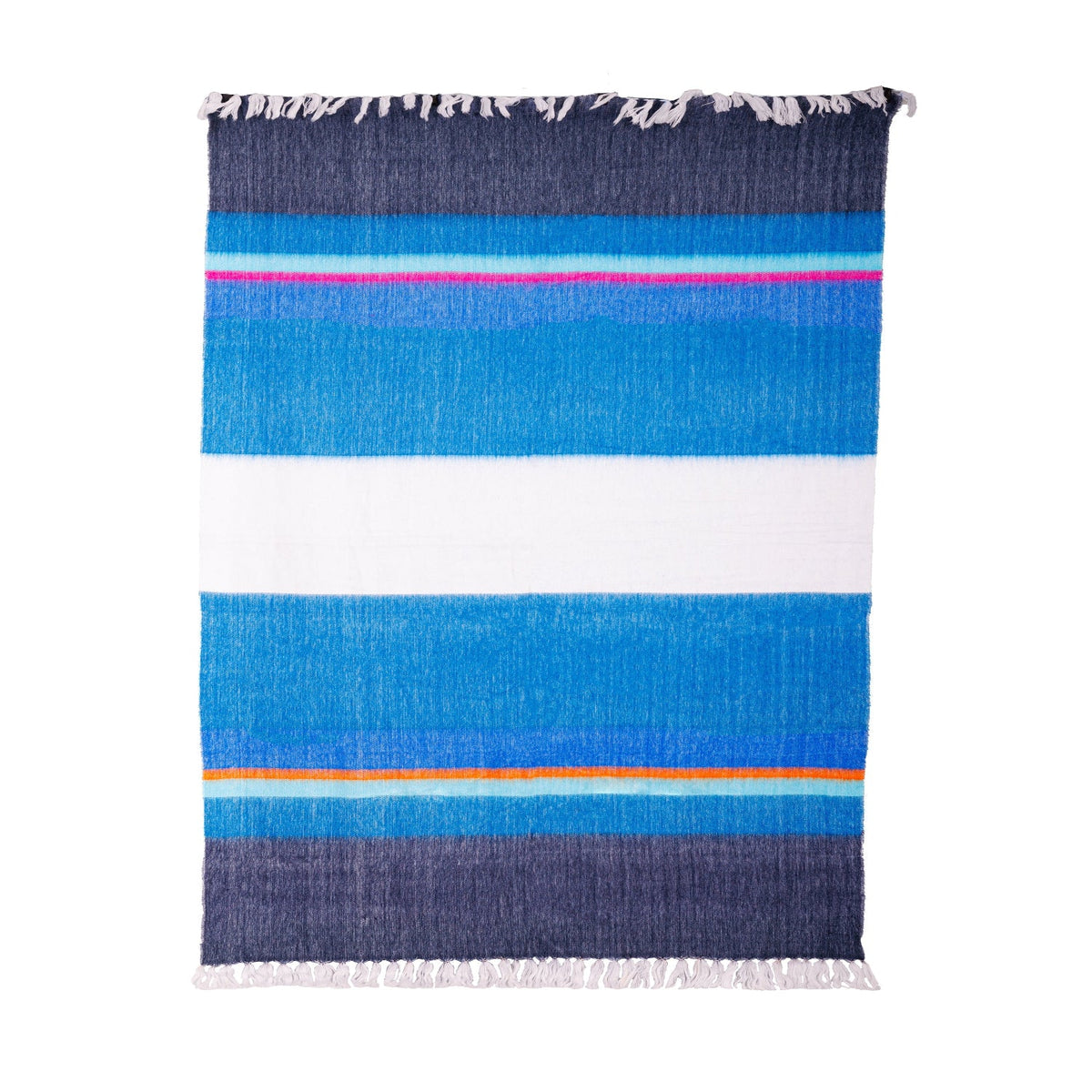 A striped throw blanket with vibrant colors including blue, pink, orange, and white, with hand knotted white fringe on the long sides.