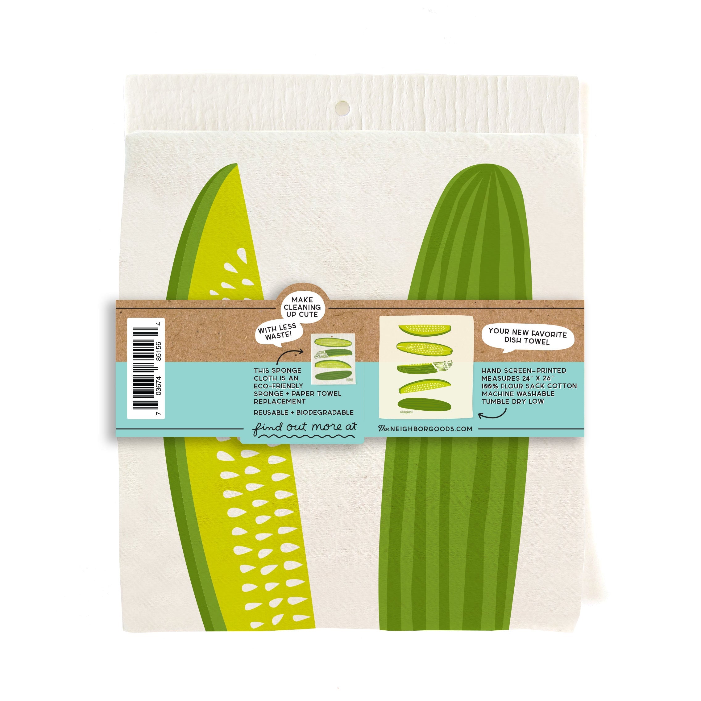 Cotton dish towel with pickles design, featuring the phrase "I'm kind of a big dill"