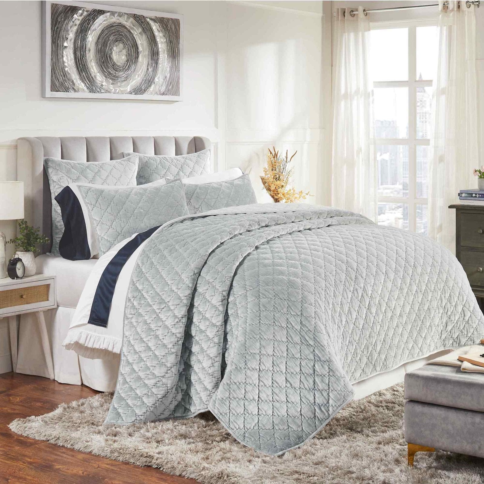 QT-356-9496_2|Luxurious light grey blue quilt set with diamond quilting. Elegant bedding for a modern and comfortable bedroom aesthetic.