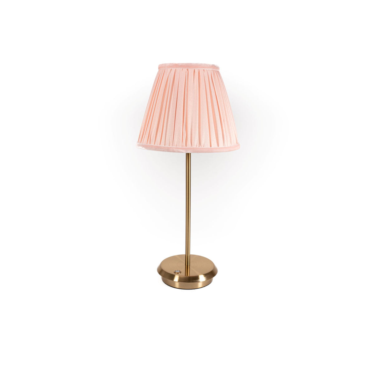 Blush Velvet cordless table lamp with pink pleated shade and gold base