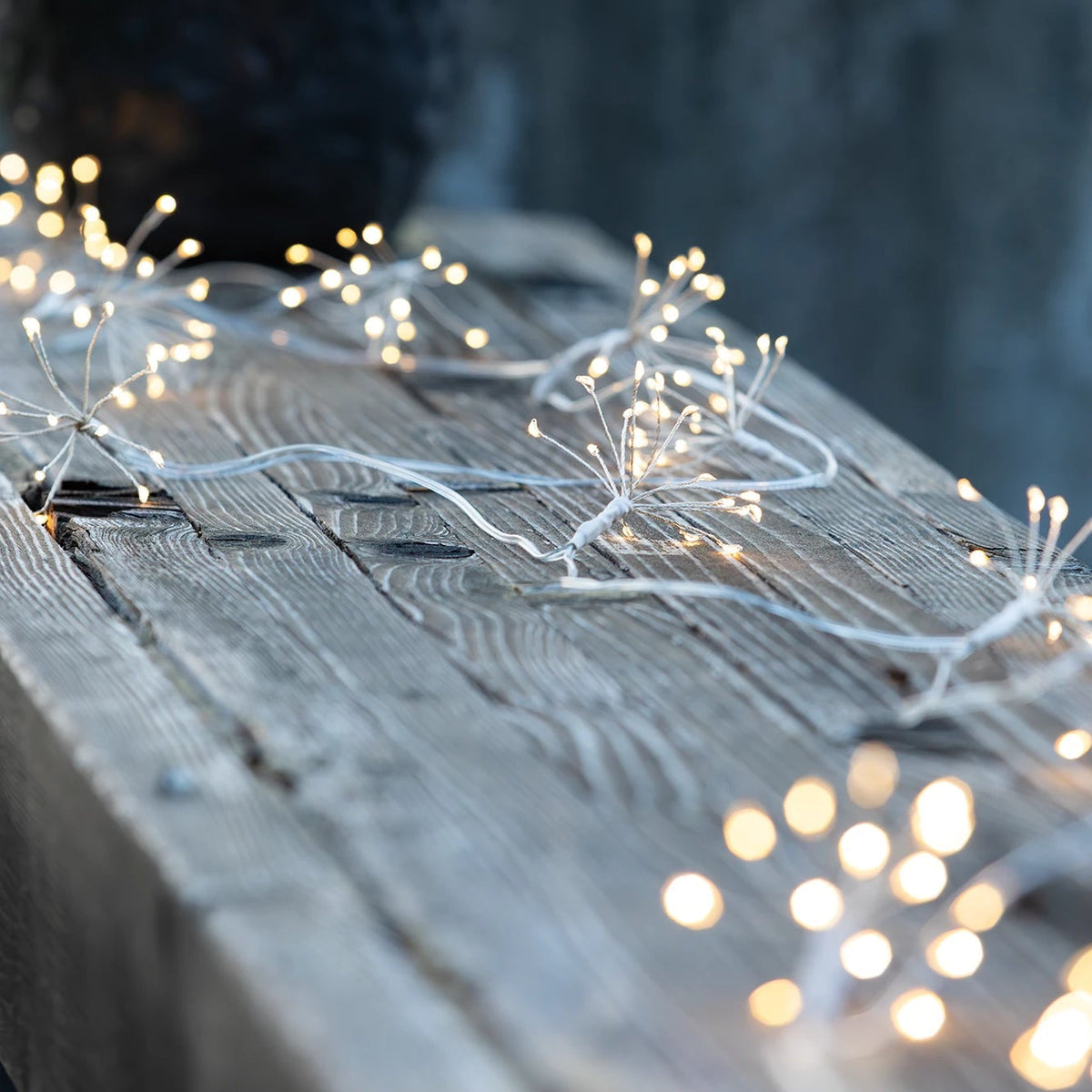 Warm white LED string lights draped across a weathered wooden surface, with a blurred dark planter in the background.