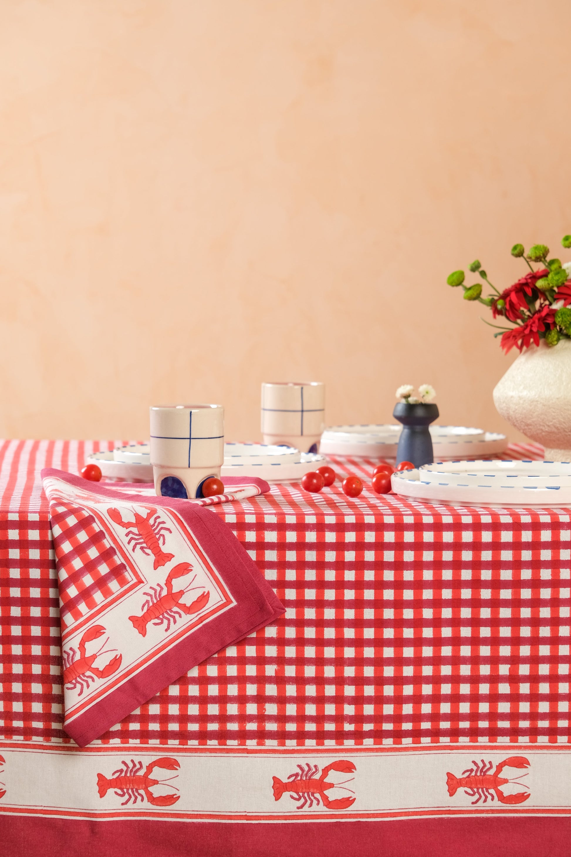 Inner Child lobster red gingham blockprint napkin and tablecloth