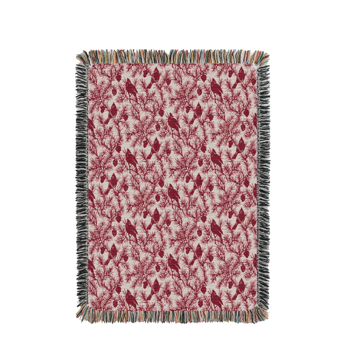Full view of Cherie Cranberry red cardinal Christmas reversible woven throw blanket with fringe