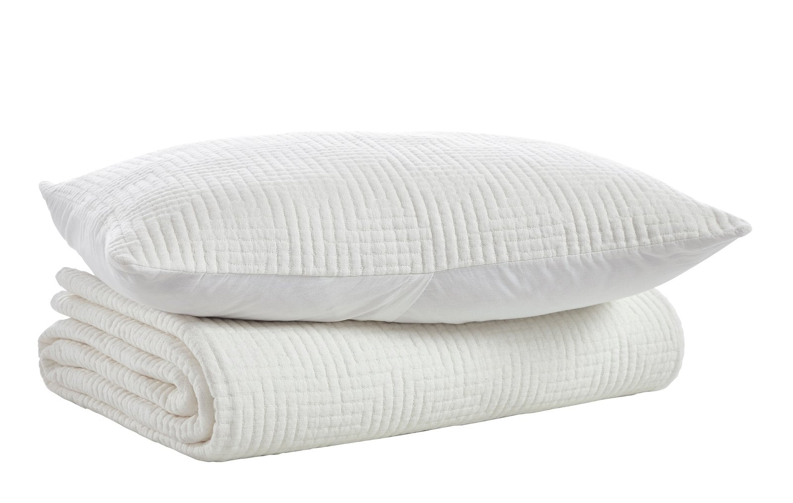 CL-199-11096_5|White quilted coverlet with a distinctive geometric maze pattern, folded neatly with a matching decorative pillow.