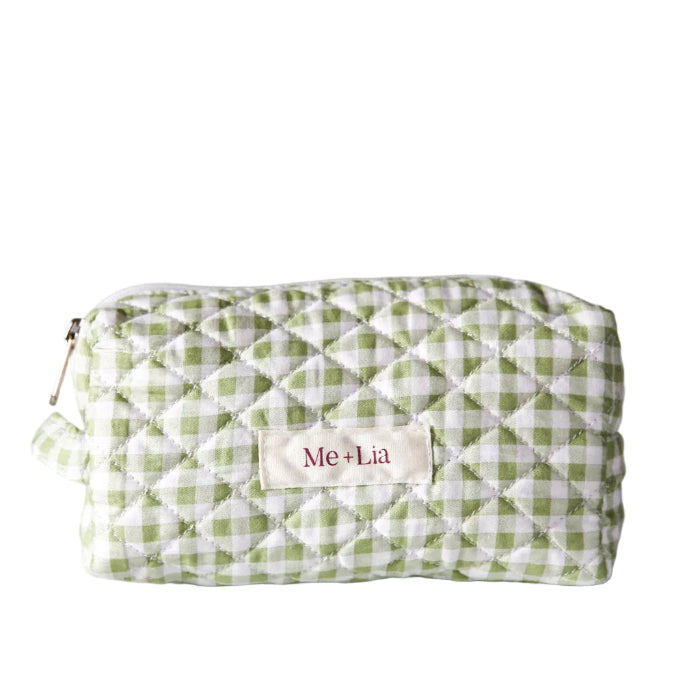 Gingham Matcha Make-up Pouch Small — green gingham quilted cotton cosmetic pouch with Me + Lia label